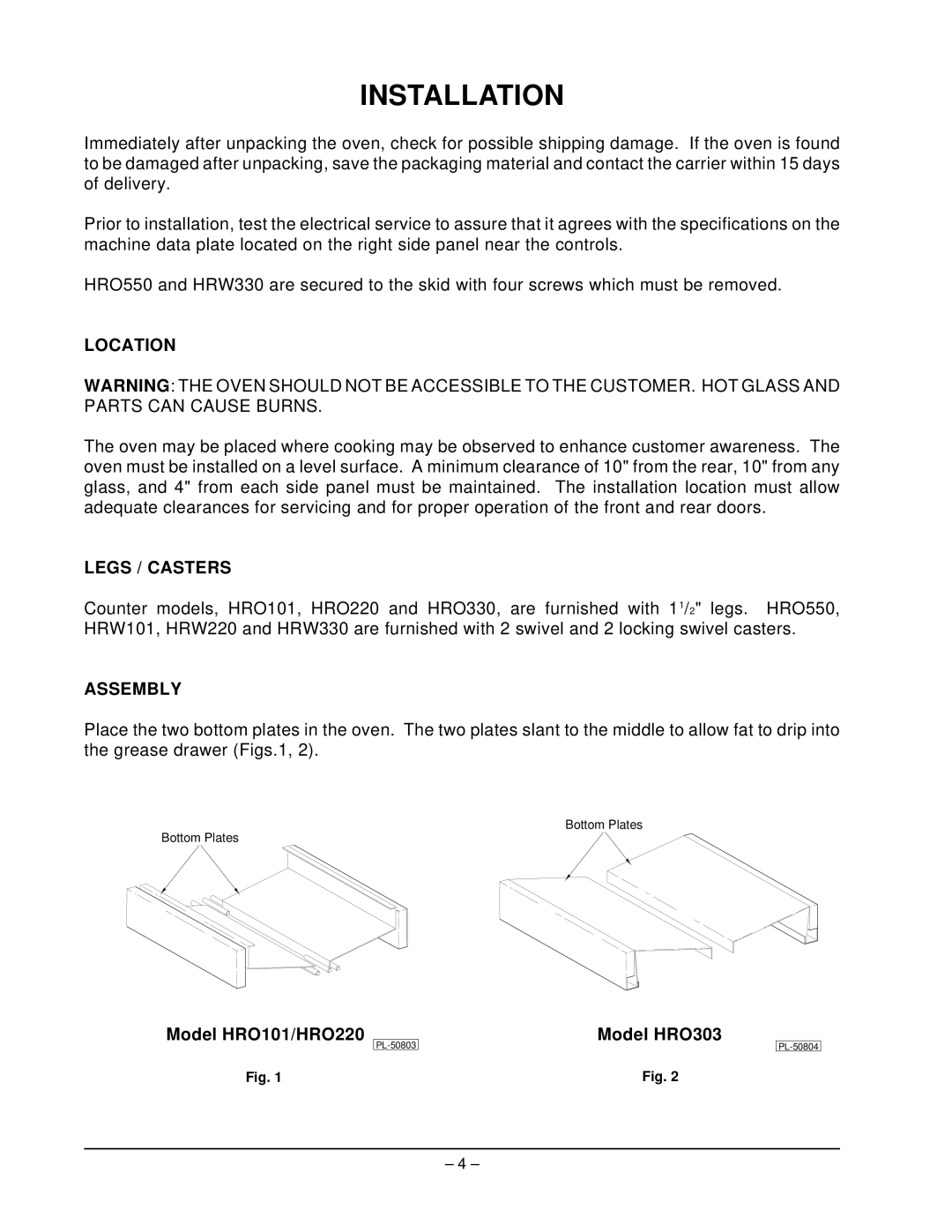 Hobart ML-43889, HRO550P manual Installation, Location, Legs / Casters, Assembly 