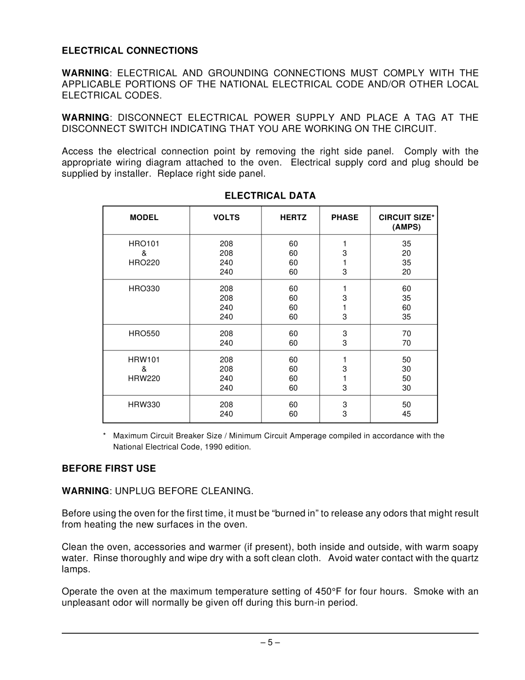 Hobart HRO550P, ML-43889 manual Electrical Connections, Electrical Data, Before First USE 