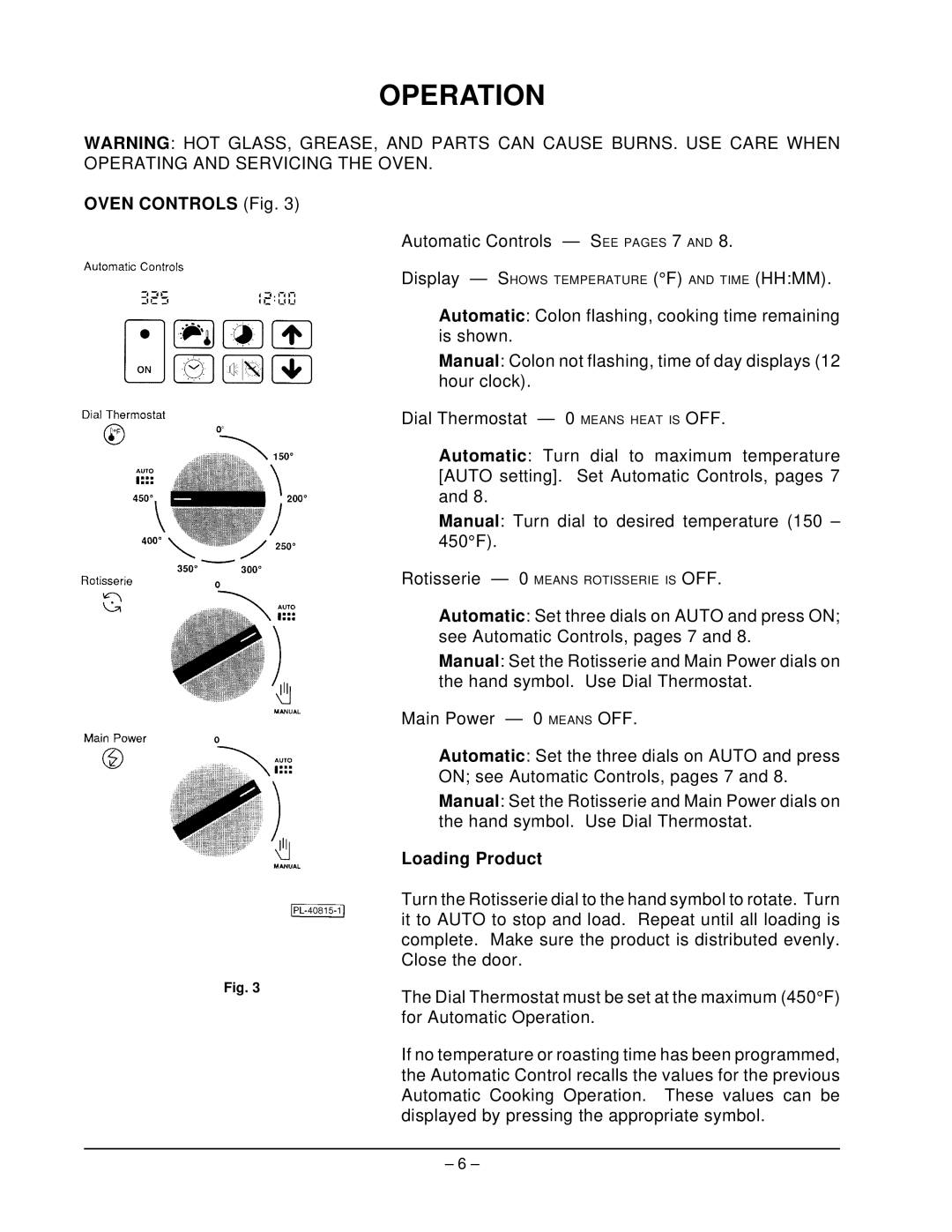 Hobart ML-43889, HRO550P manual Operation, Oven Controls Fig, Loading Product 