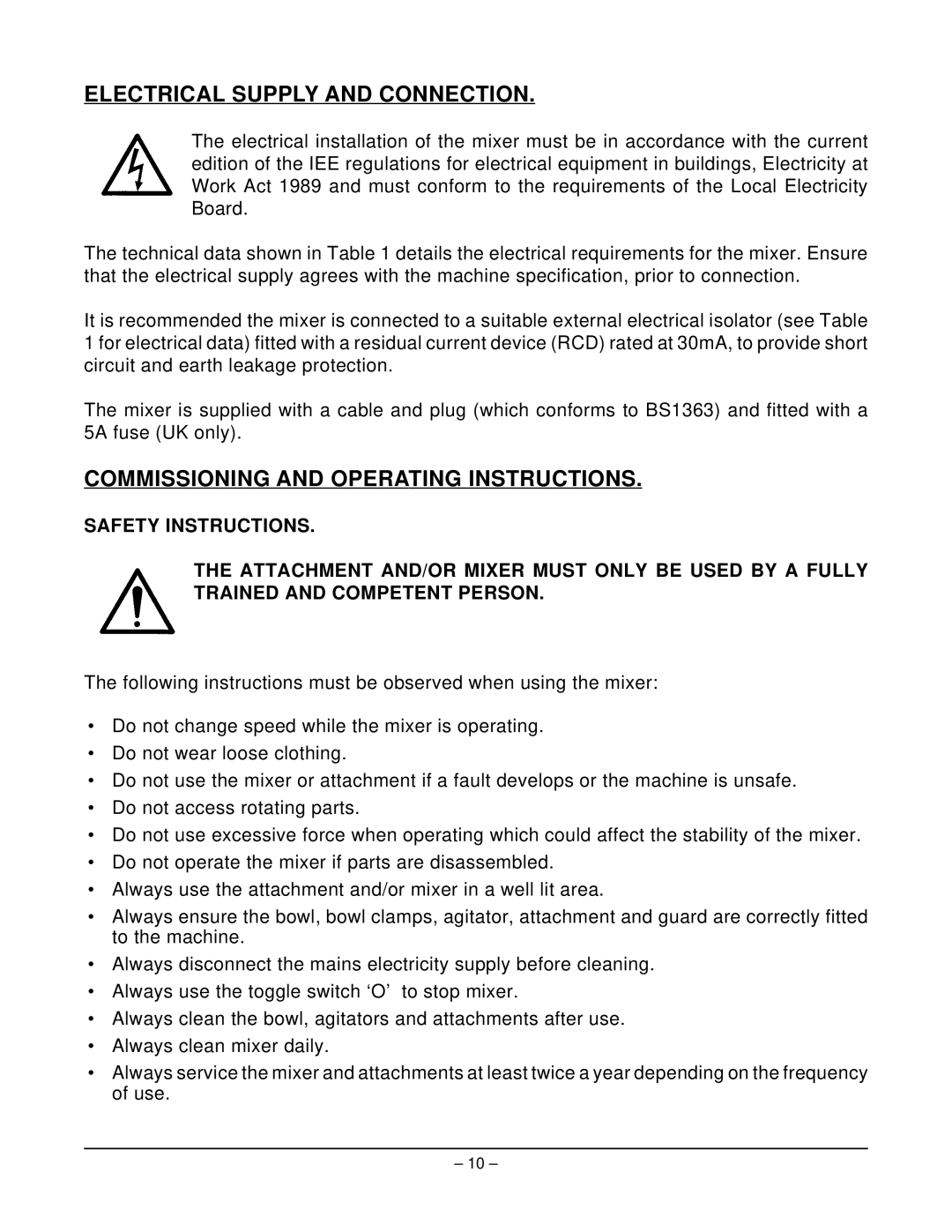 Hobart N50 MIXER manual Electrical Supply and Connection, Commissioning and Operating Instructions 