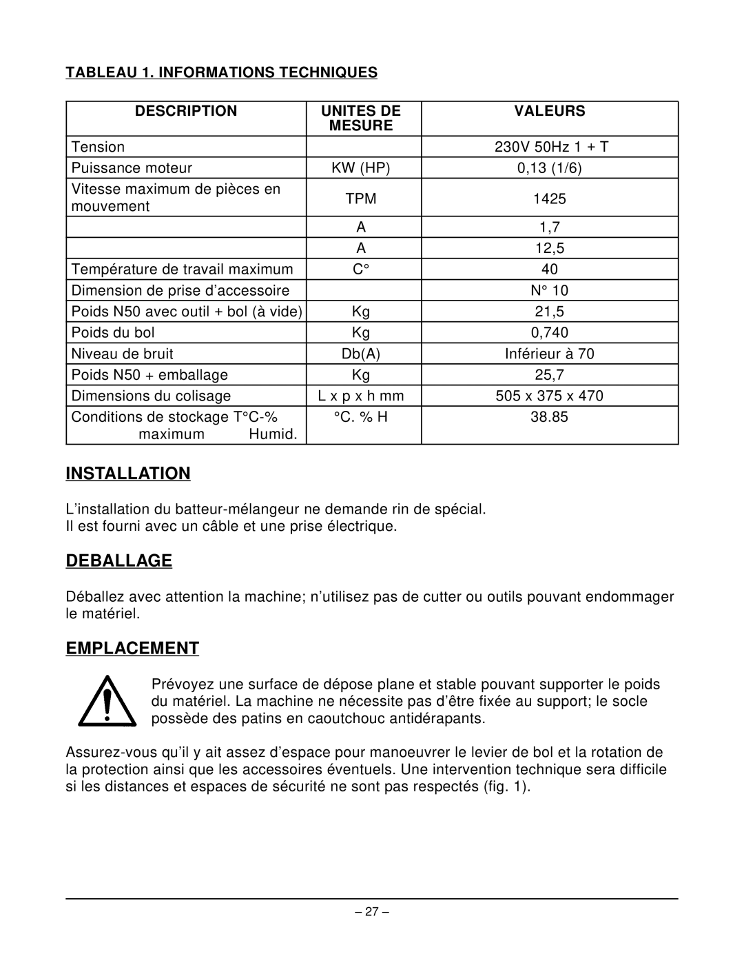 Hobart N50 MIXER manual Deballage, Emplacement 