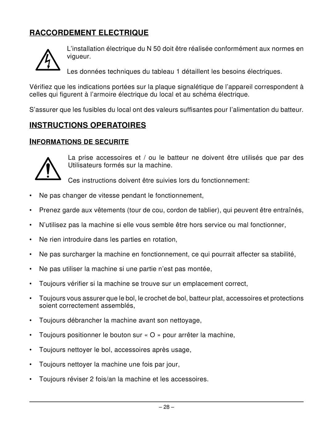 Hobart N50 MIXER manual Raccordement Electrique, Instructions Operatoires, Informations DE Securite 