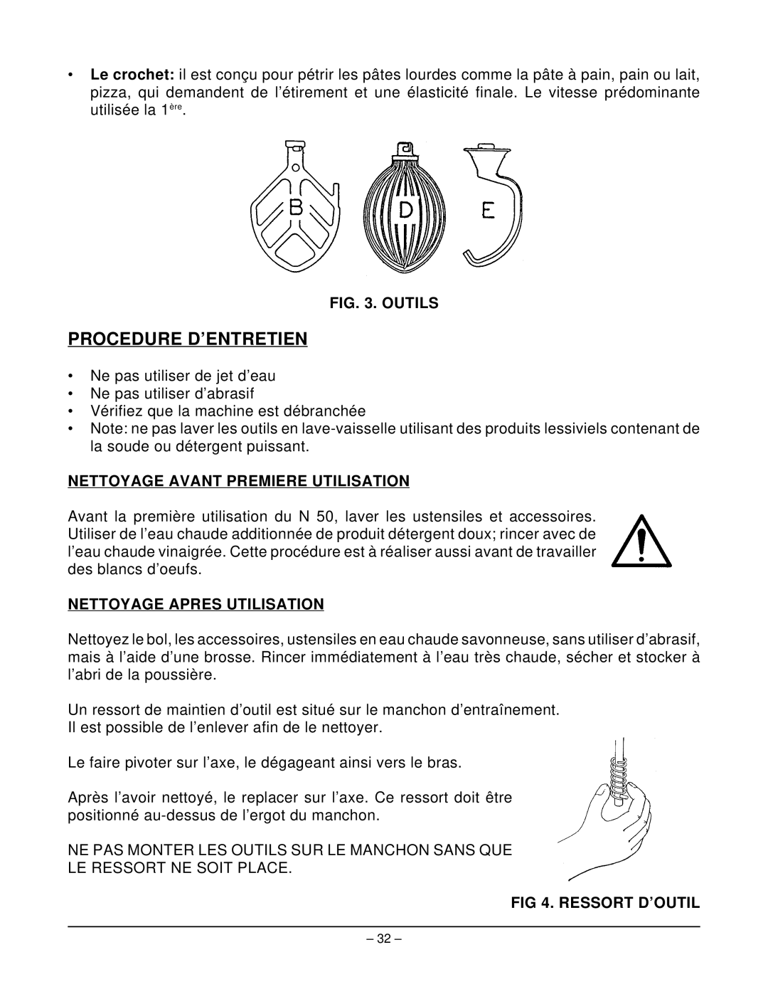 Hobart N50 MIXER Procedure D’ENTRETIEN, Nettoyage Avant Premiere Utilisation, Nettoyage Apres Utilisation, Ressort D’OUTIL 