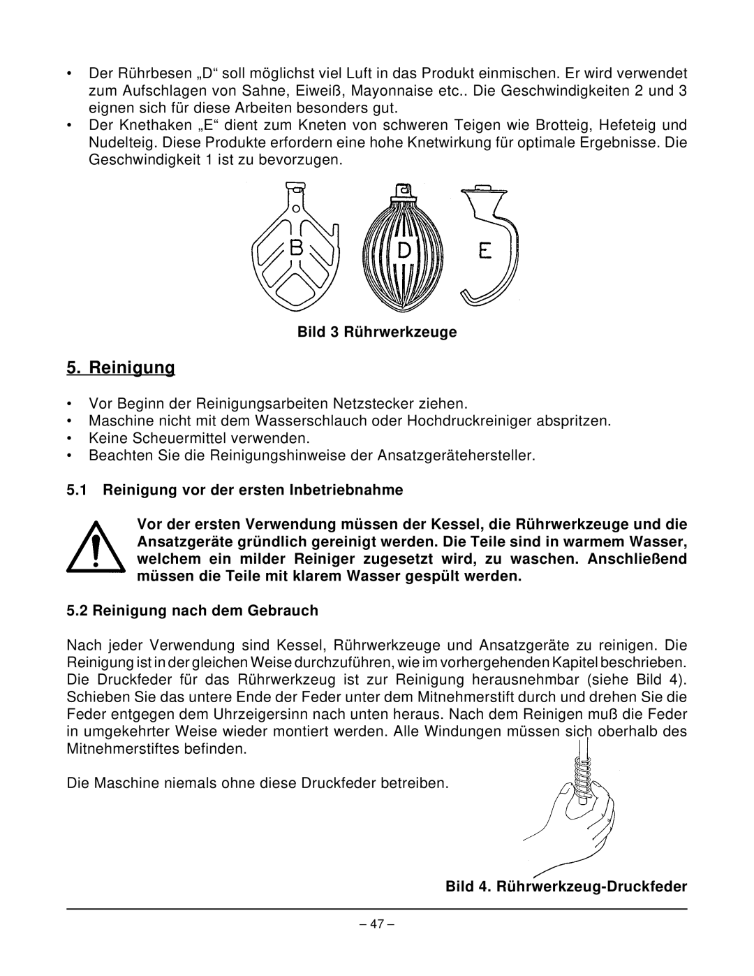 Hobart N50 MIXER manual Reinigung, Bild 3 Rührwerkzeuge, Bild 4. Rührwerkzeug-Druckfeder 