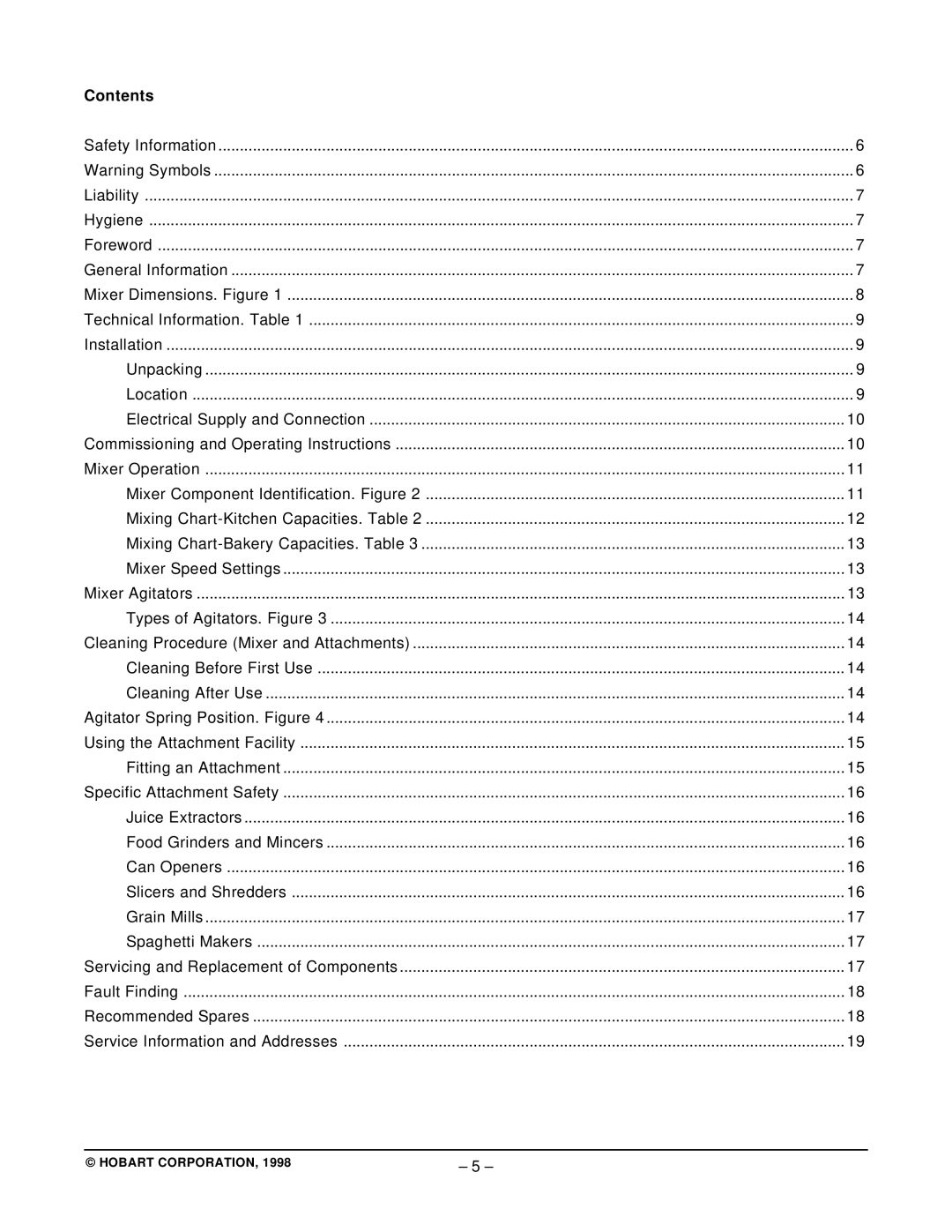 Hobart N50 MIXER manual Contents 