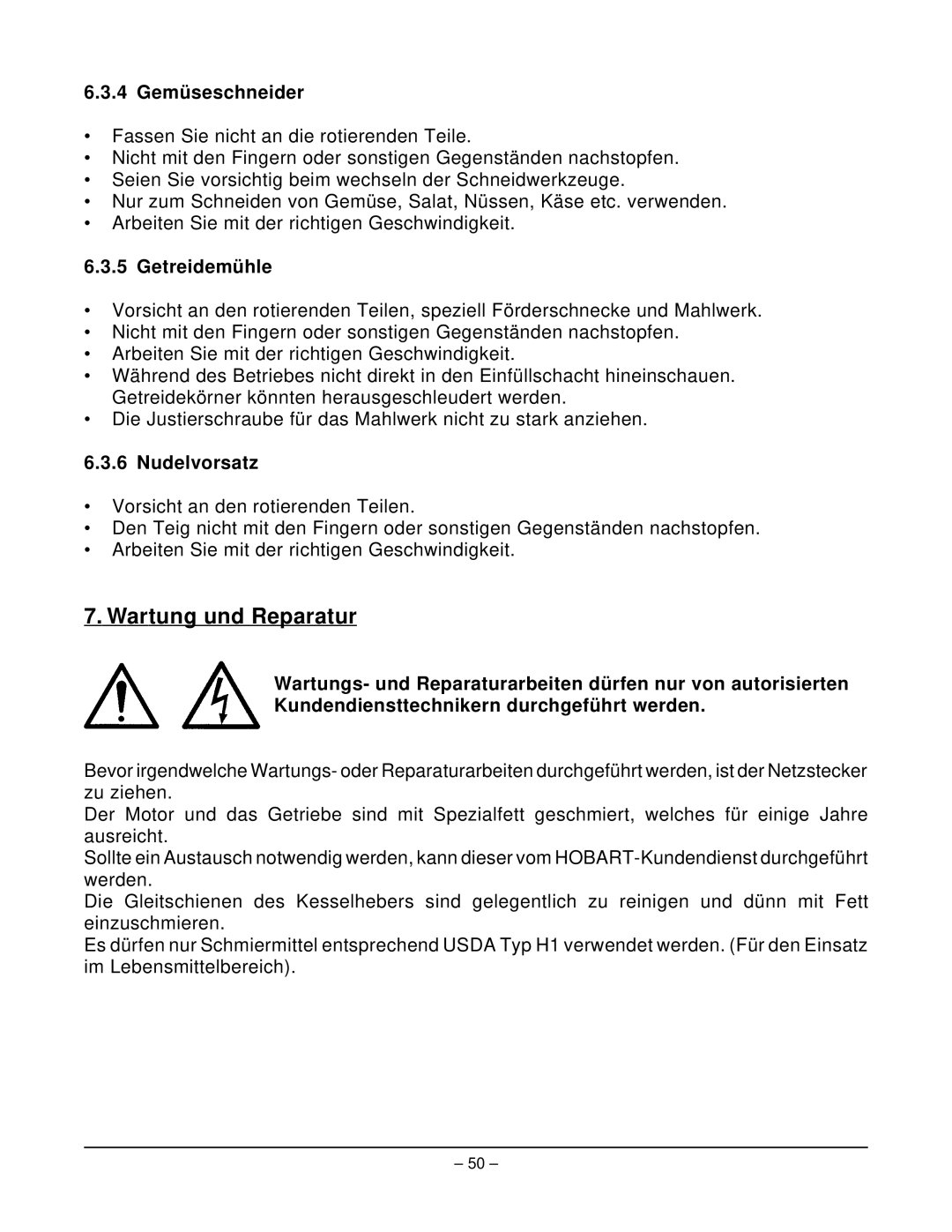 Hobart N50 MIXER manual Wartung und Reparatur, 4 Gemüseschneider, Getreidemühle, Nudelvorsatz 