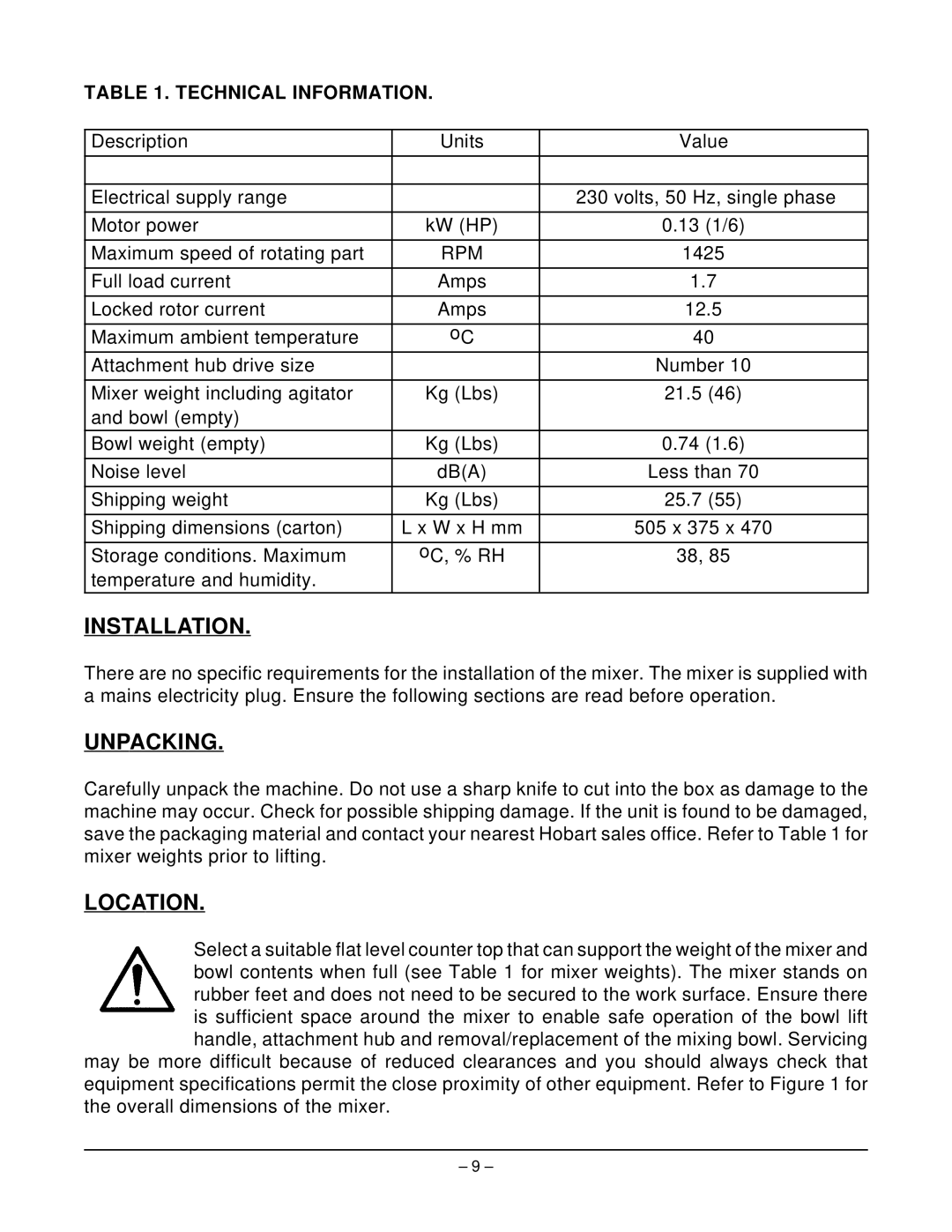 Hobart N50 MIXER manual Installation, Unpacking, Location, Technical Information 