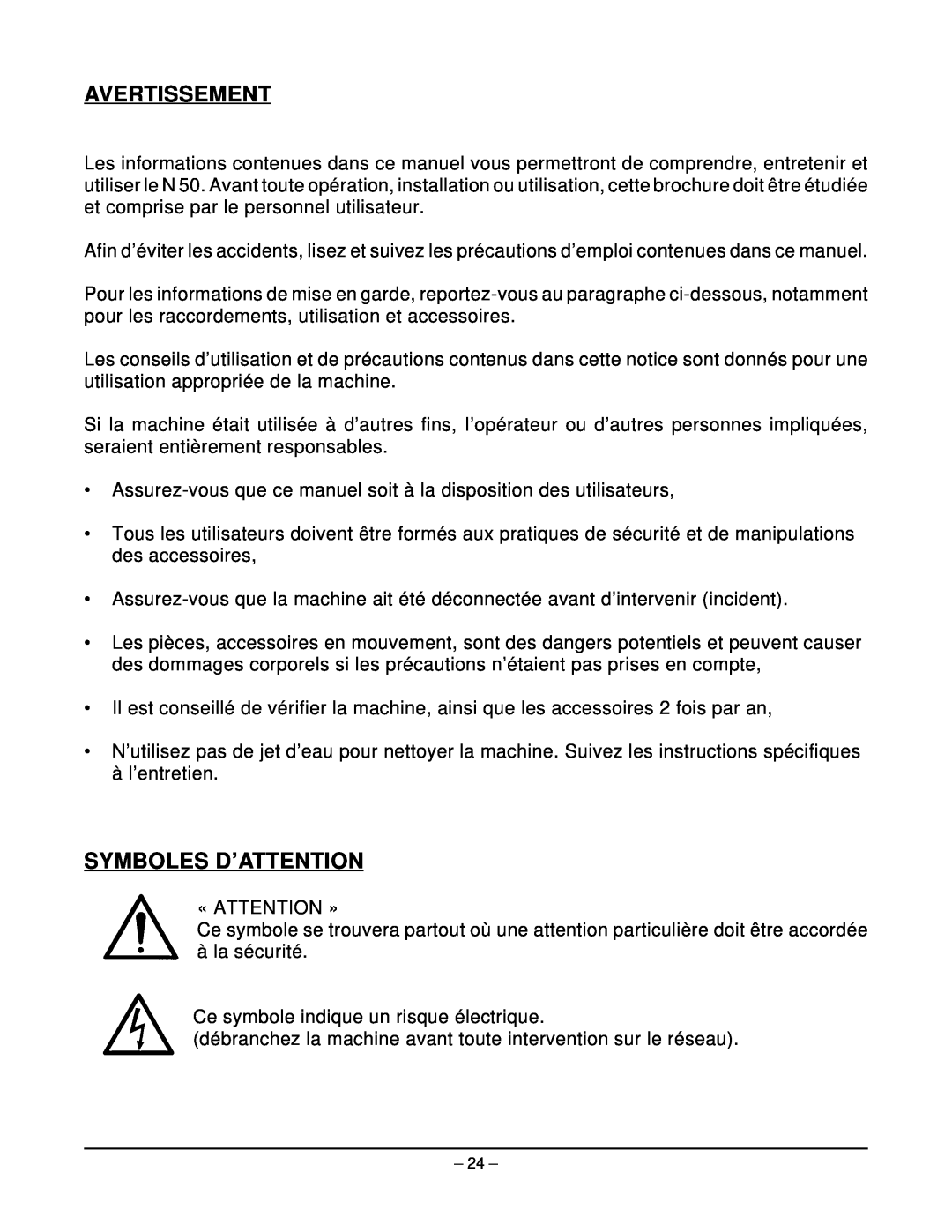 Hobart N50 MIXER manual Avertissement, Symboles D’Attention 