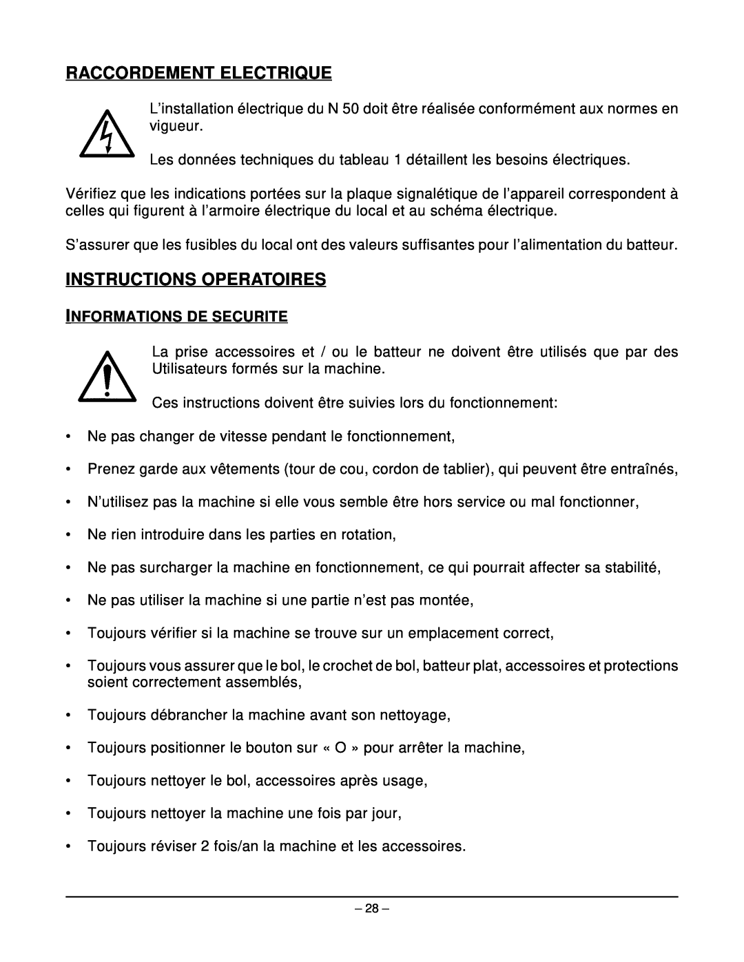 Hobart N50 MIXER manual Raccordement Electrique, Instructions Operatoires, Informations De Securite 
