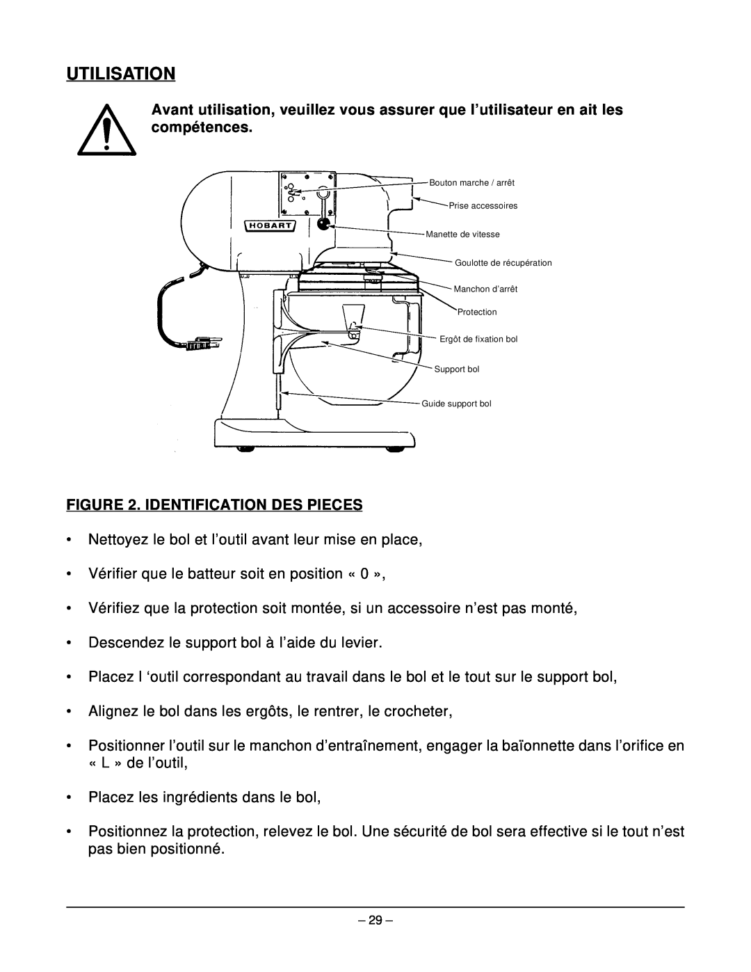 Hobart N50 MIXER manual Utilisation, Identification Des Pieces 