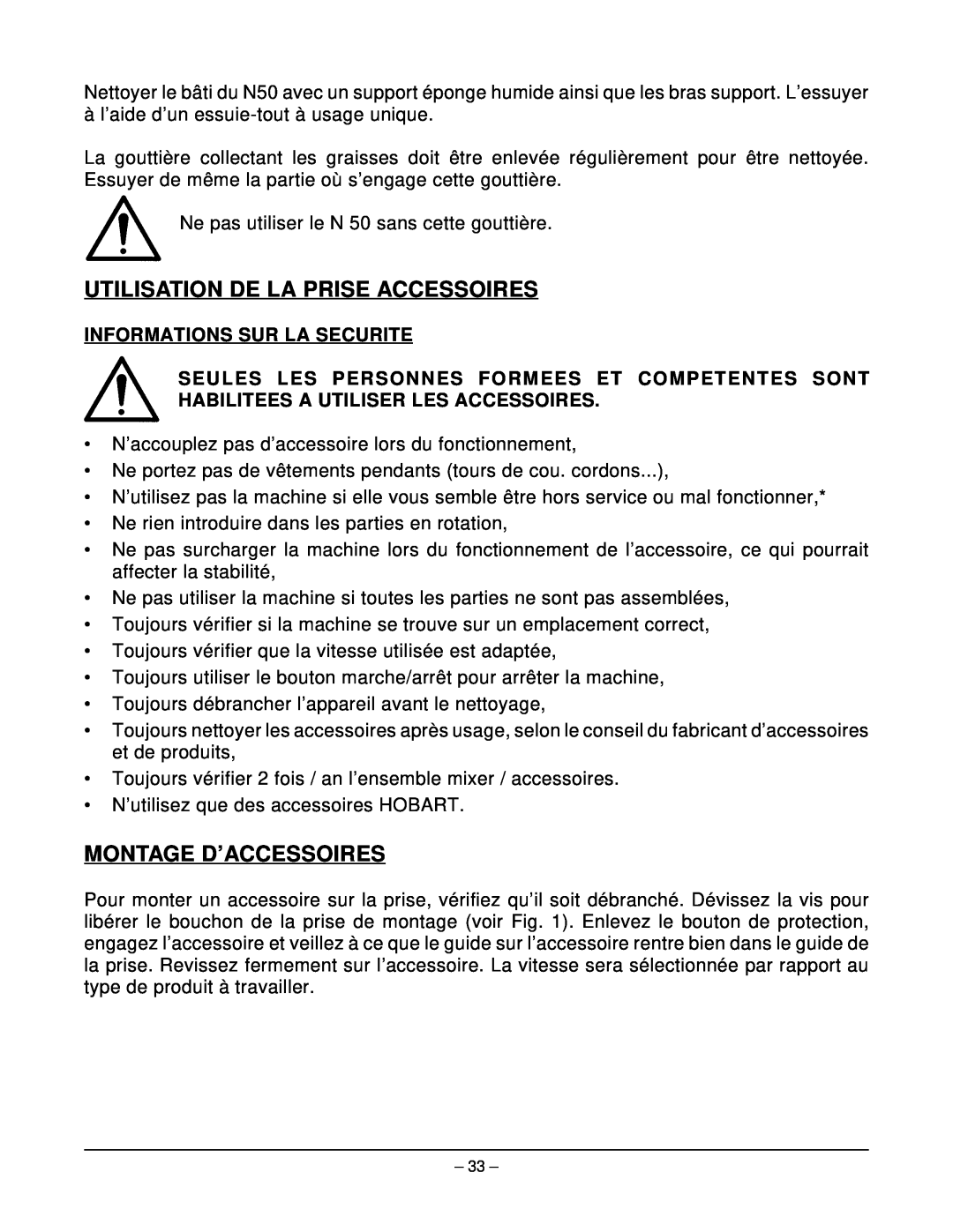 Hobart N50 MIXER manual Utilisation De La Prise Accessoires, Montage D’Accessoires, Informations Sur La Securite 