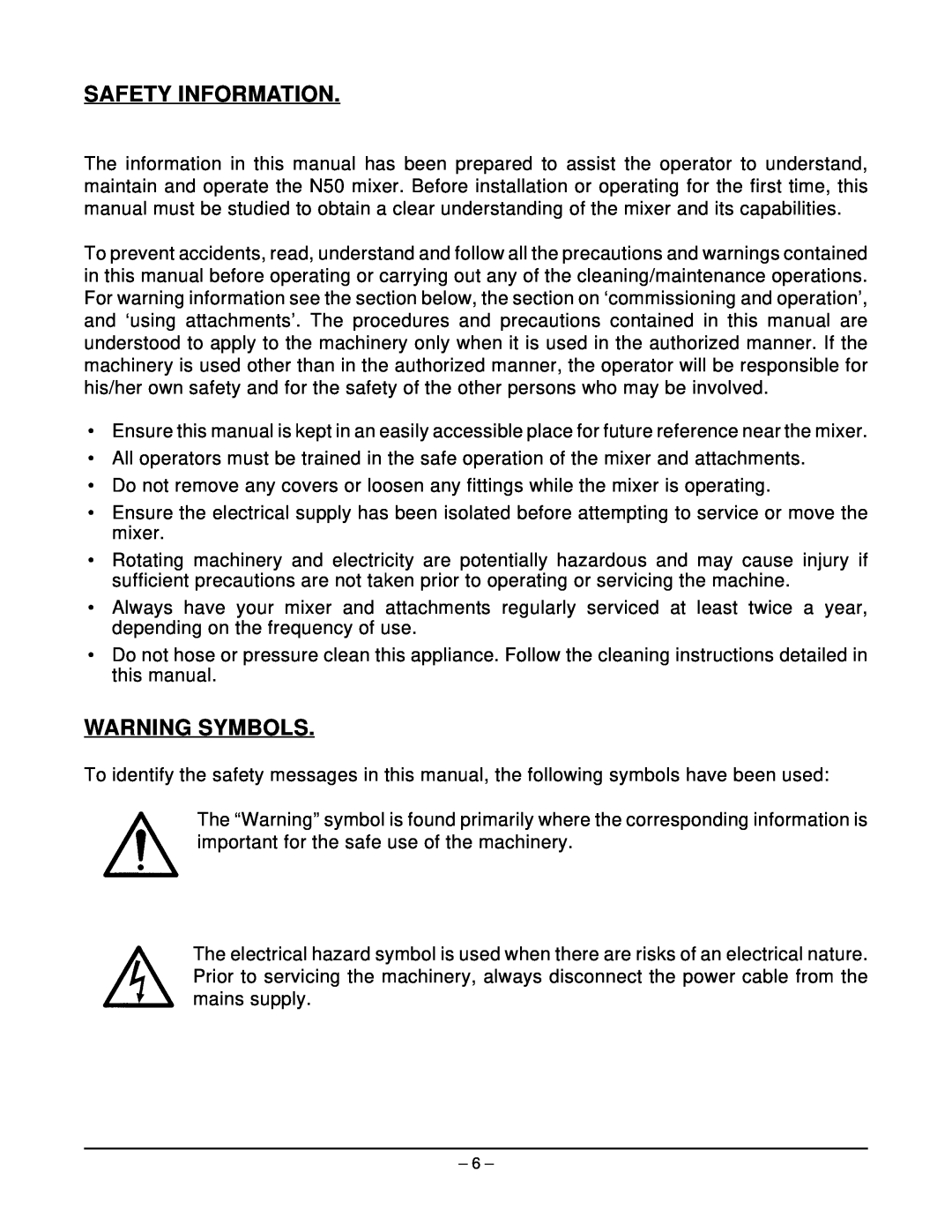 Hobart N50 MIXER manual Safety Information, Warning Symbols 