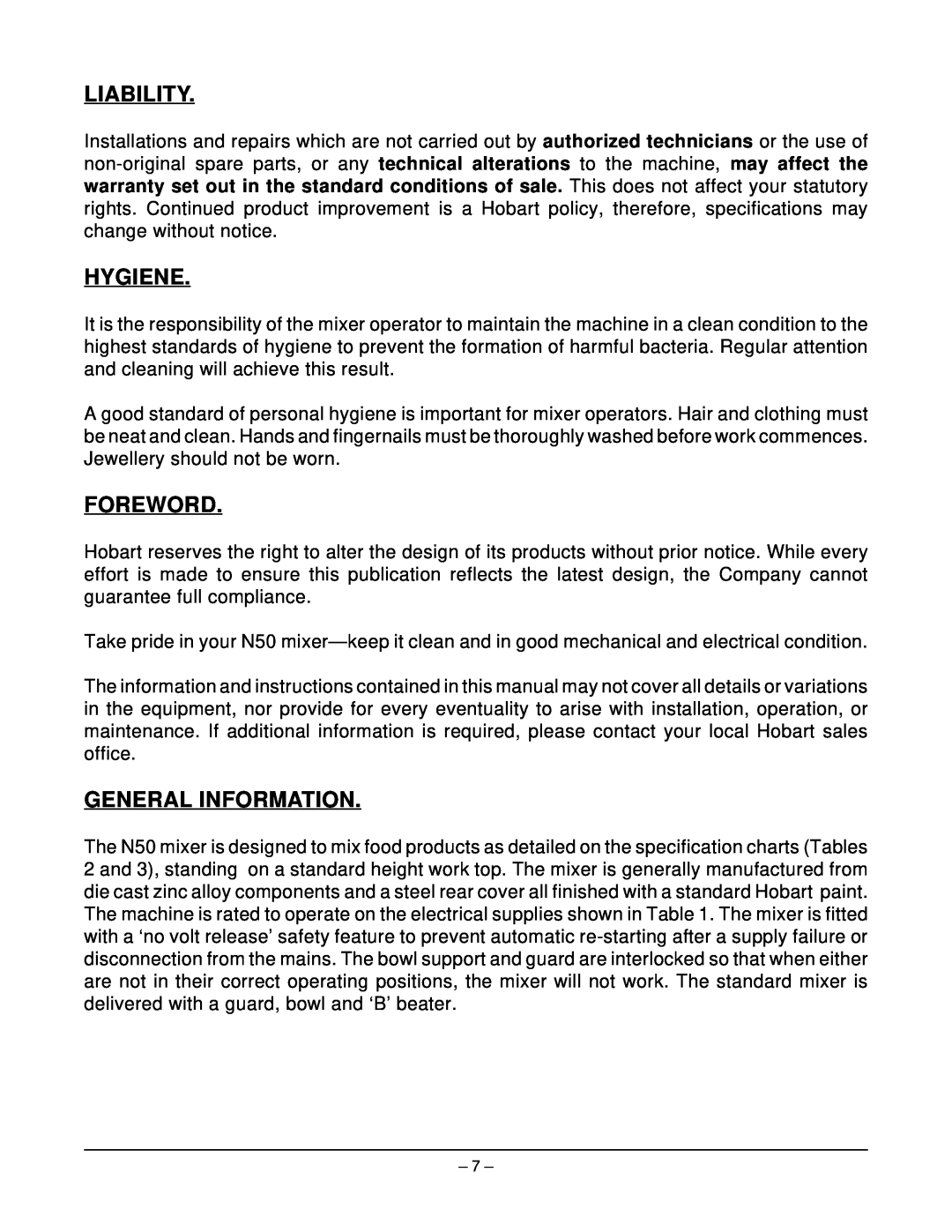 Hobart N50 MIXER manual Liability, Hygiene, Foreword, General Information 