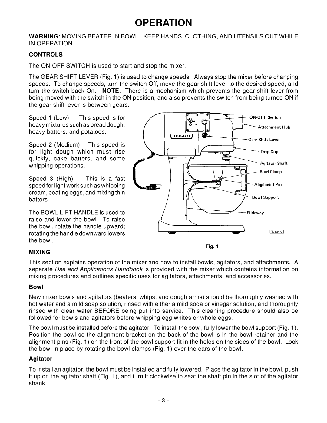 Hobart N50 ML-33777 manual Operation, Controls, Mixing, Bowl, Agitator 