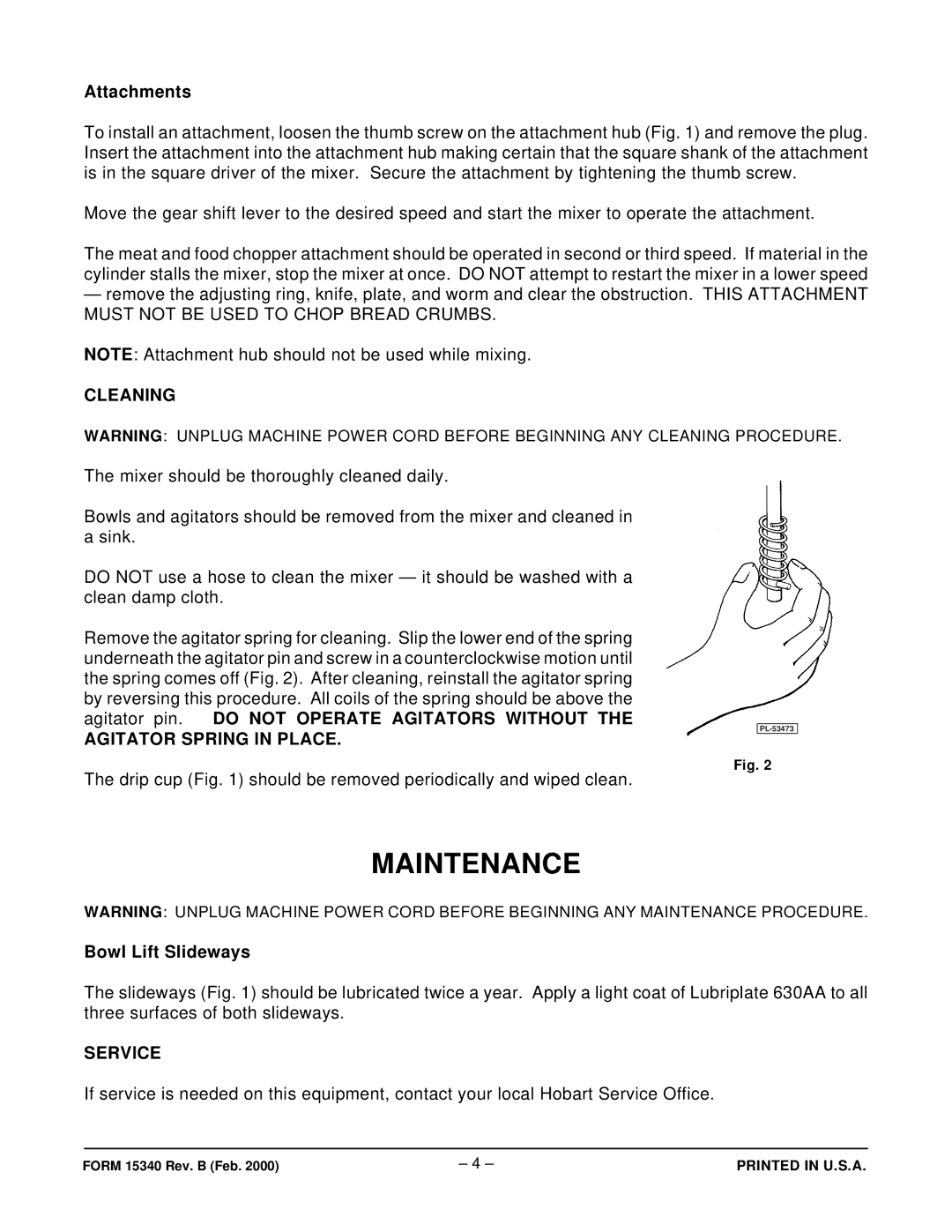 Hobart N50 ML-33777 manual Maintenance, Cleaning, Agitator Spring in Place, Service 