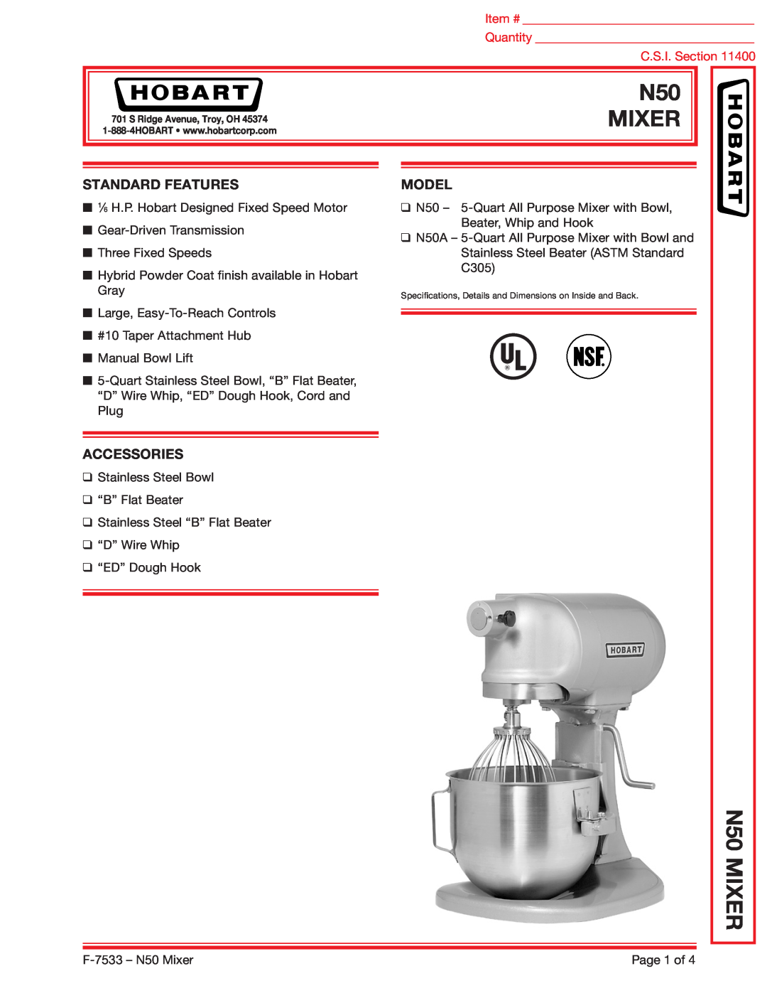 Hobart N50A dimensions Mixer, N50 MIXER, Standard Features, Accessories, Model, C.S.I. Section 