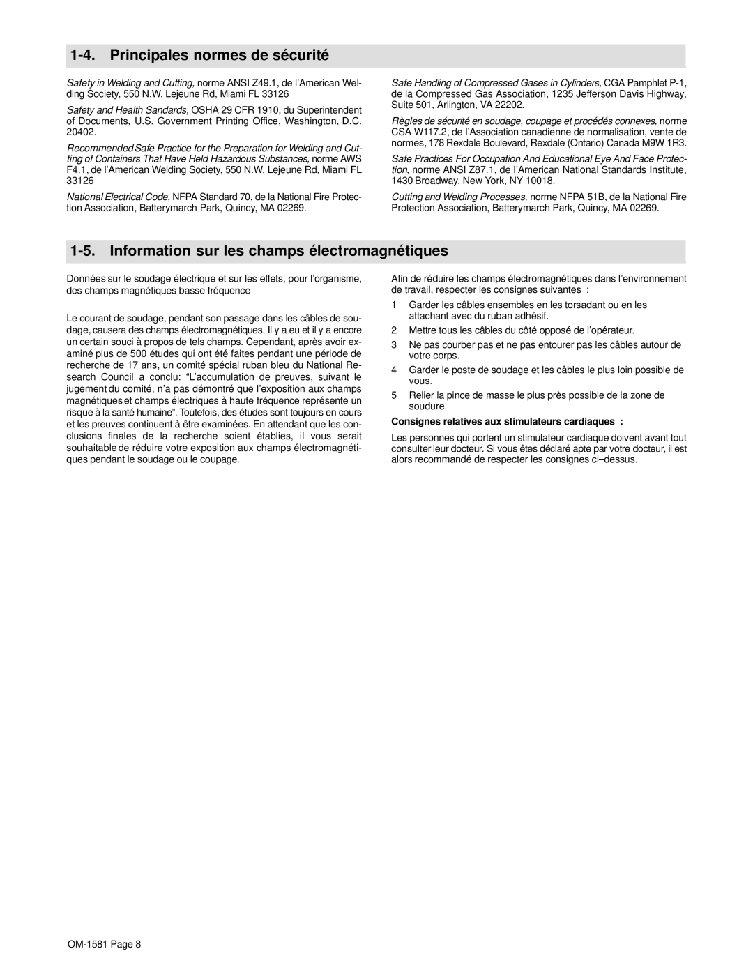 Hobart OM-1581 manual Principales normes de sé curité, Information sur les champs é lectromagné tiques 