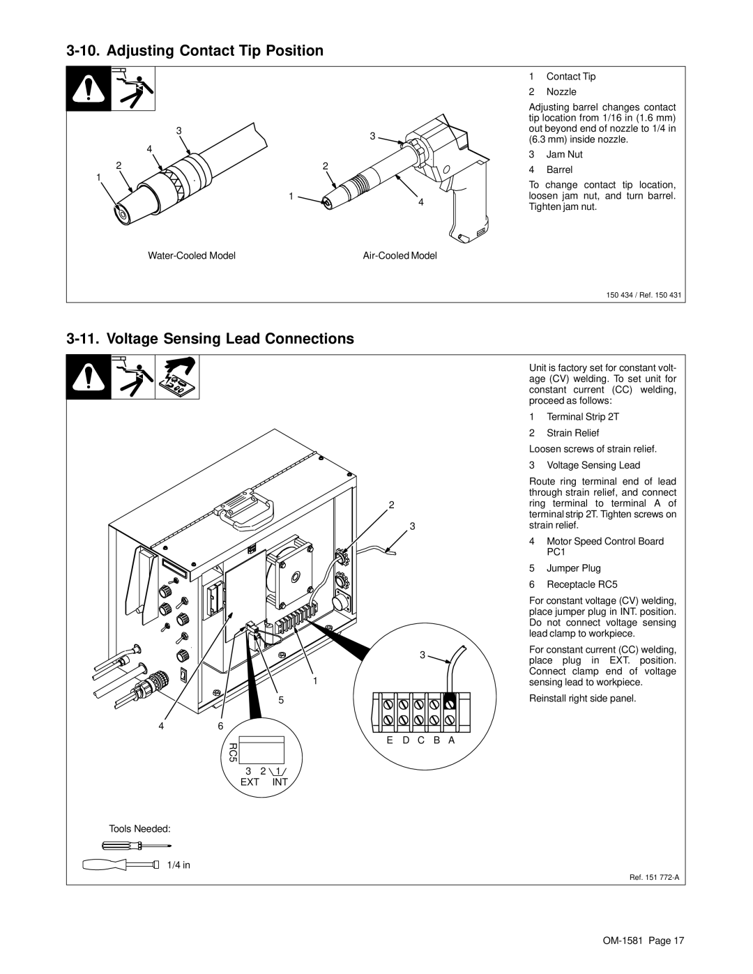 Hobart OM-1581 manual Adjusting Contact Tip Position, Voltage Sensing Lead Connections 