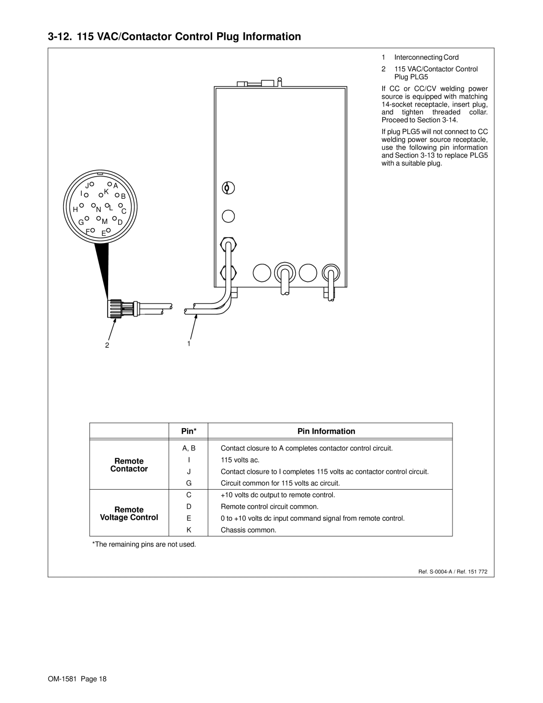 Hobart OM-1581 manual 12 VAC/Contactor Control Plug Information 