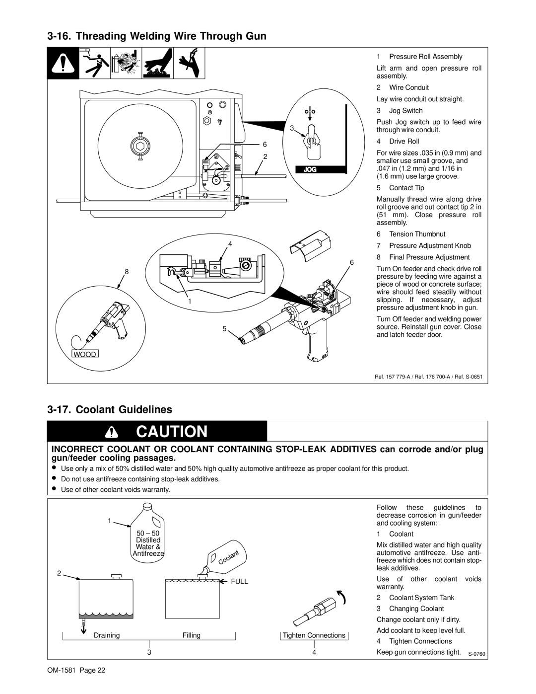 Hobart OM-1581 manual Threading Welding Wire Through Gun, Coolant Guidelines 