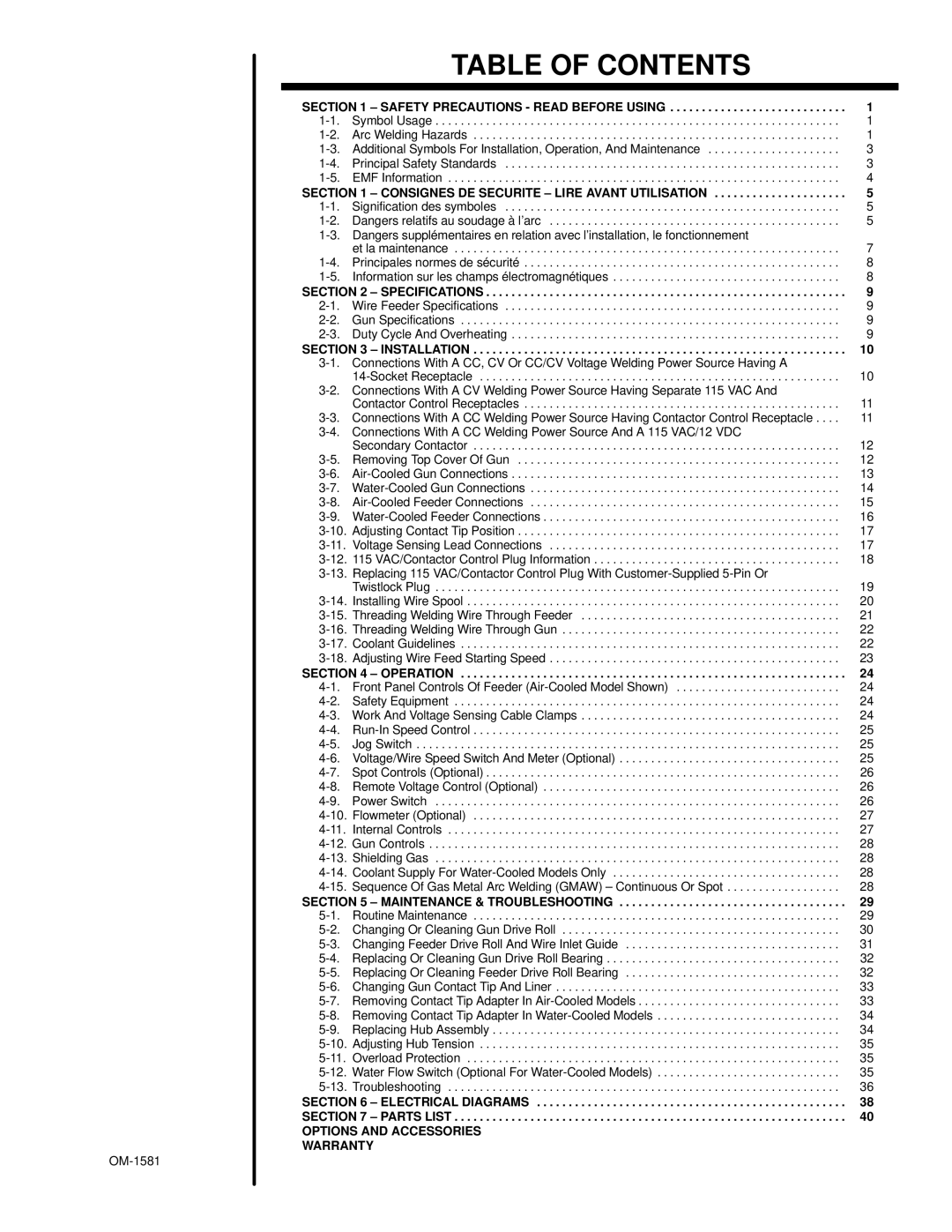 Hobart OM-1581 manual Table of Contents 