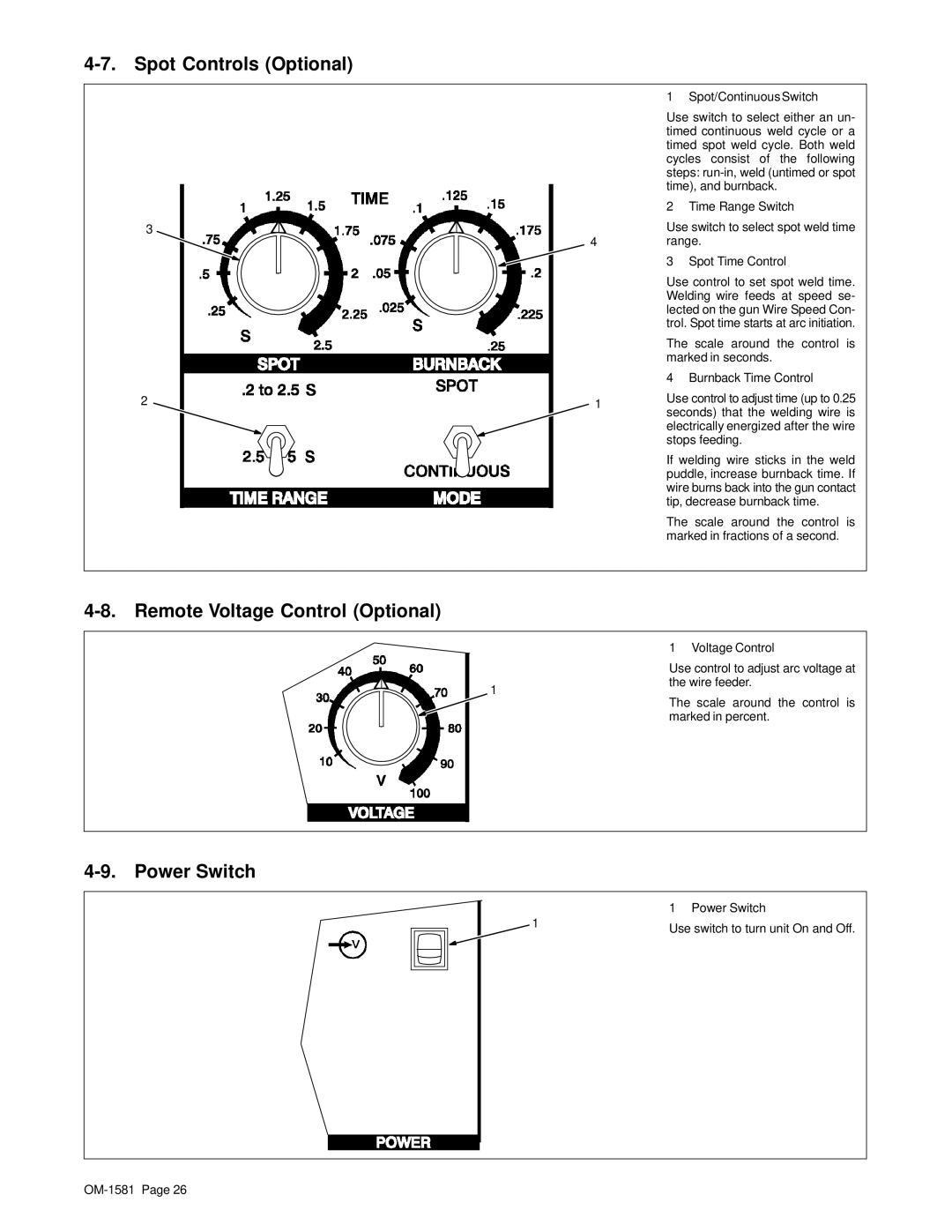 Hobart OM-1581 manual Spot Controls Optional, Remote Voltage Control Optional Power Switch 