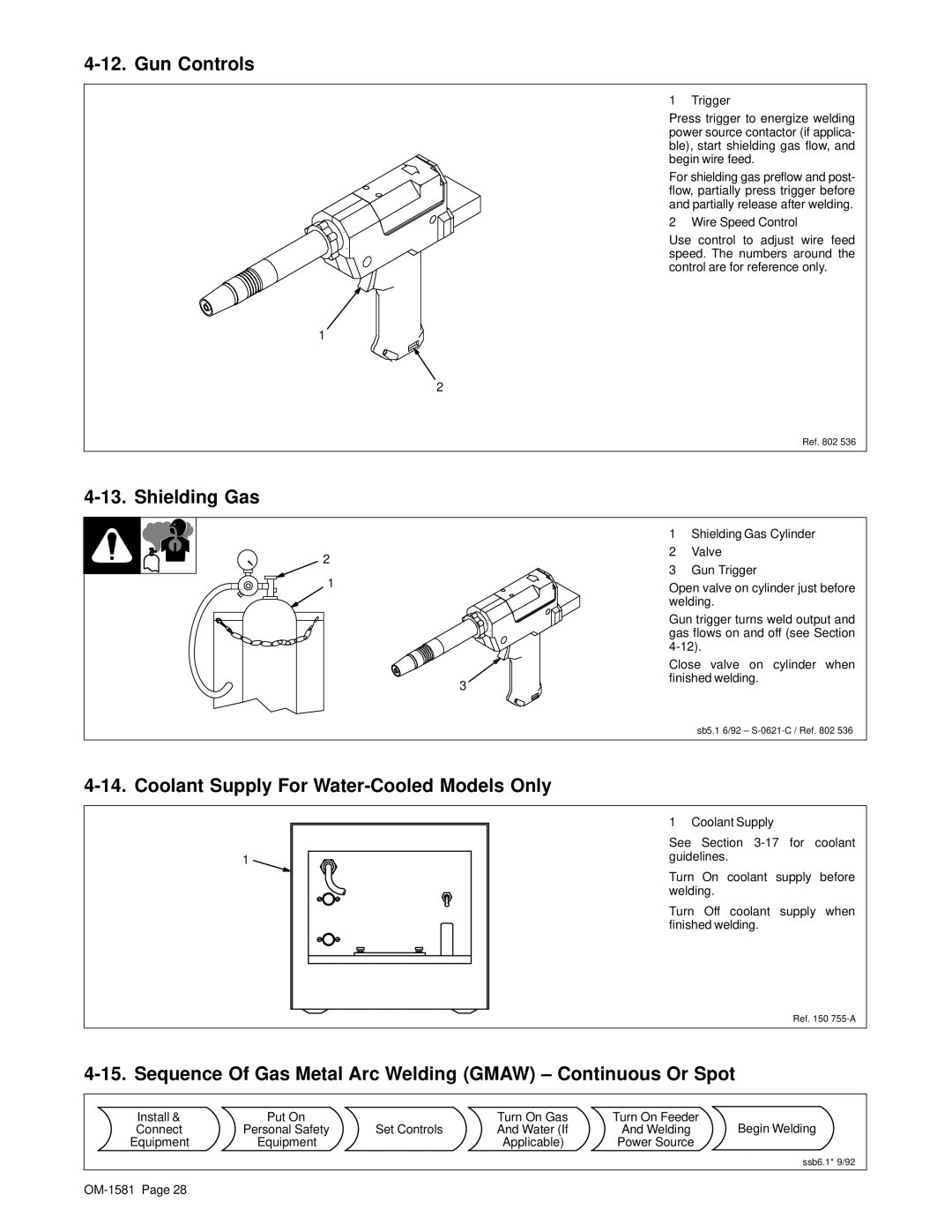 Hobart OM-1581 manual Gun Controls, Shielding Gas, Coolant Supply For Water-Cooled Models Only 