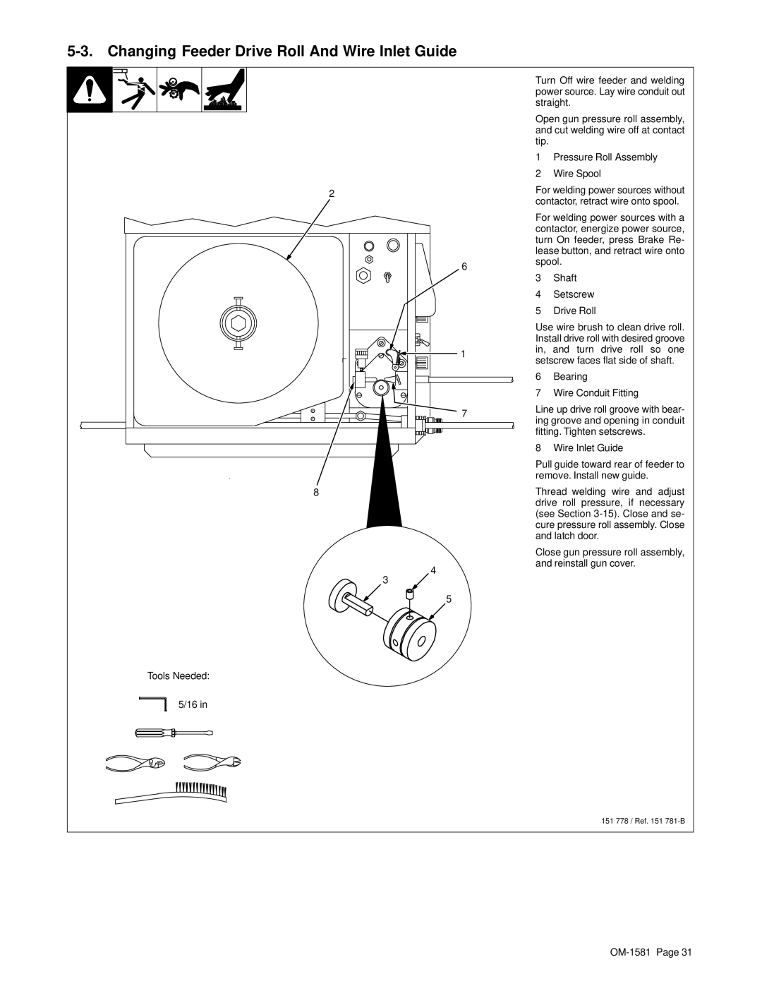 Hobart OM-1581 manual Changing Feeder Drive Roll And Wire Inlet Guide 