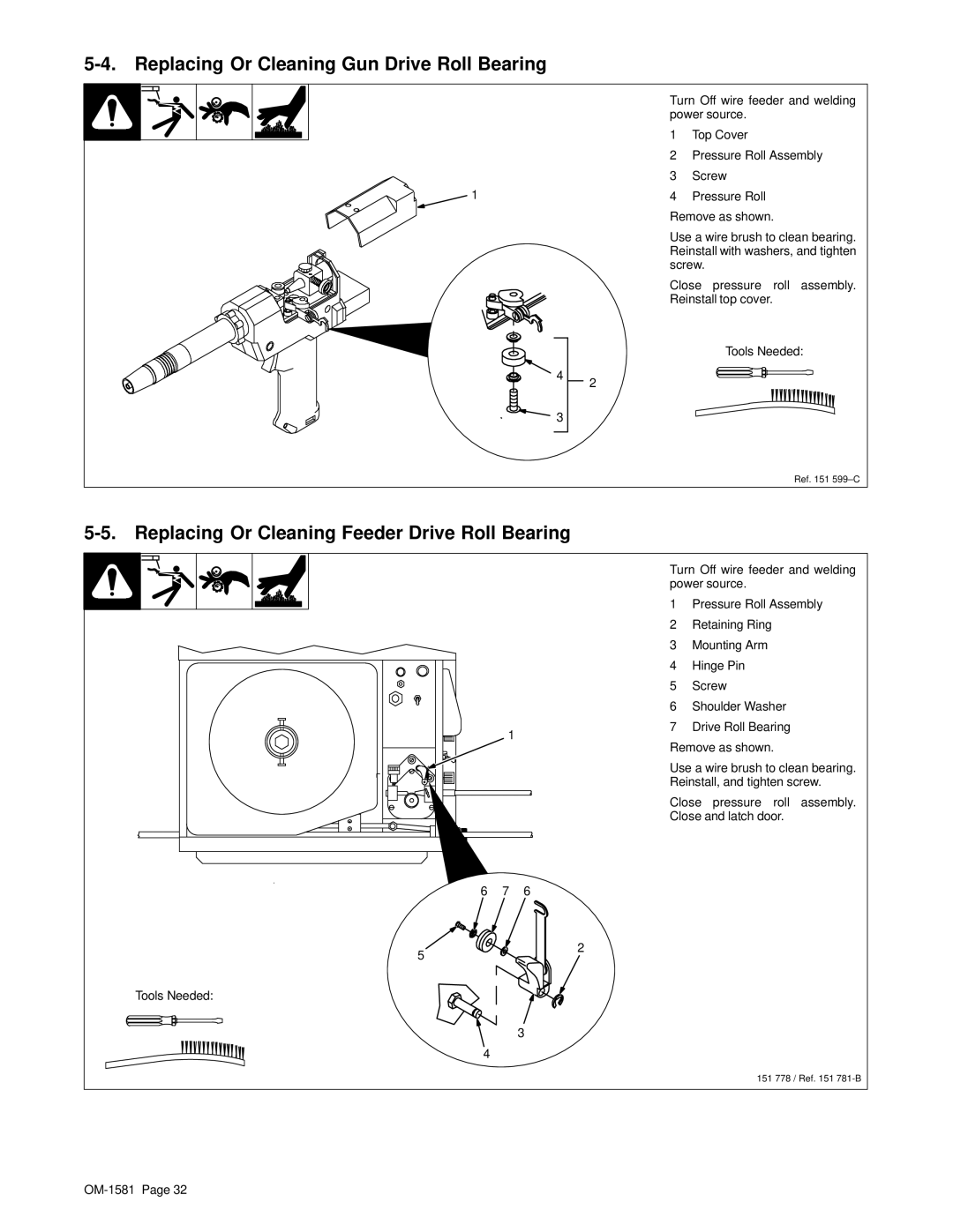 Hobart OM-1581 manual Replacing Or Cleaning Gun Drive Roll Bearing, Replacing Or Cleaning Feeder Drive Roll Bearing 