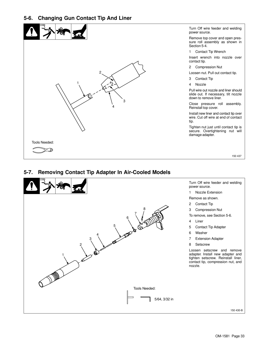 Hobart OM-1581 manual Changing Gun Contact Tip And Liner, Removing Contact Tip Adapter In Air-Cooled Models 