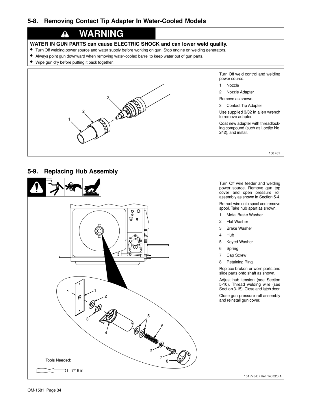 Hobart OM-1581 manual Removing Contact Tip Adapter In Water-Cooled Models, Replacing Hub Assembly 