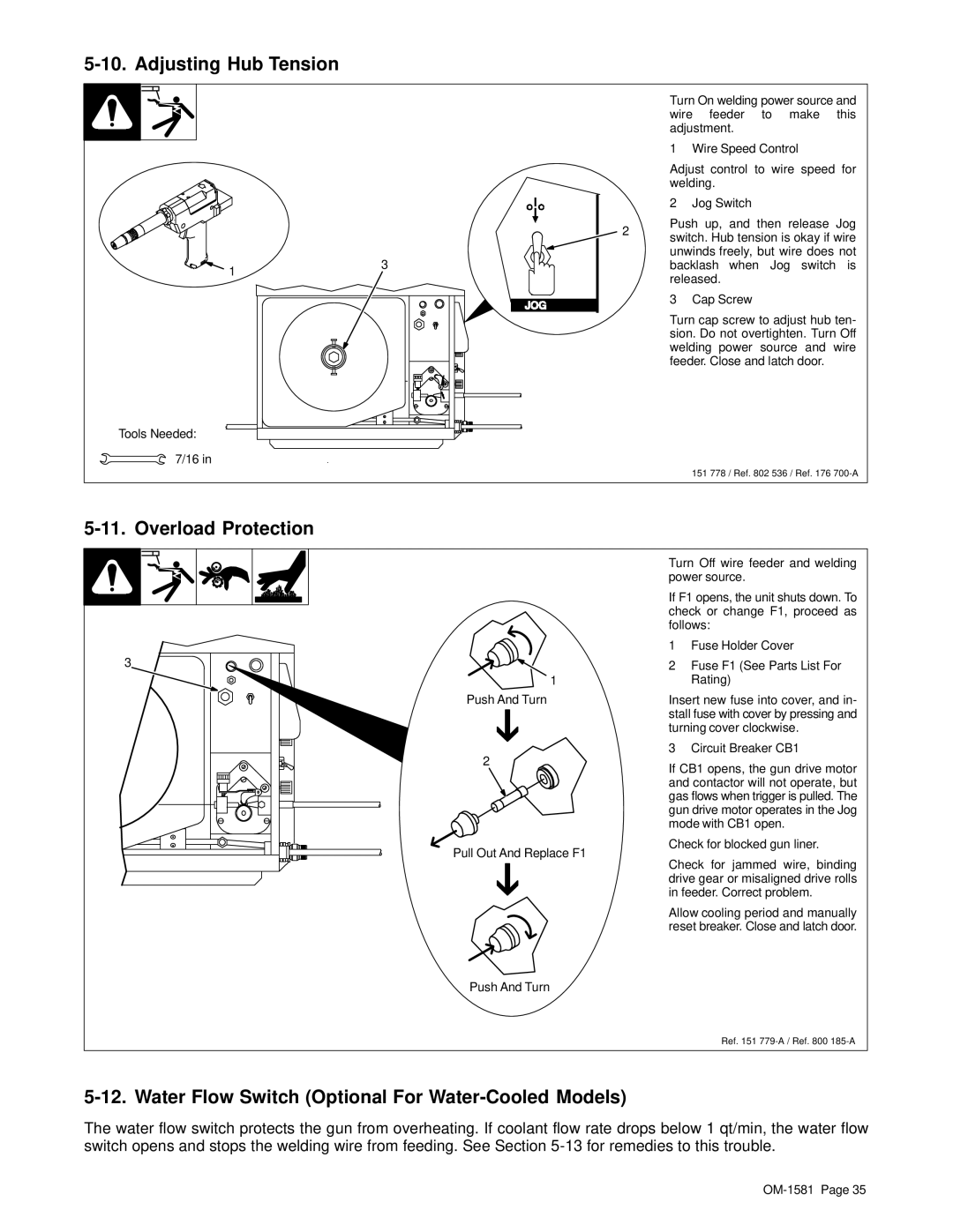 Hobart OM-1581 manual Adjusting Hub Tension, Overload Protection, Water Flow Switch Optional For Water-Cooled Models 