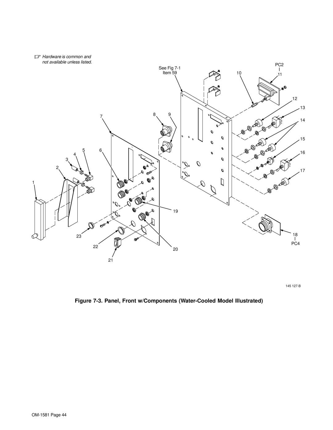 Hobart OM-1581 manual Panel, Front w/Components Water-Cooled Model Illustrated 