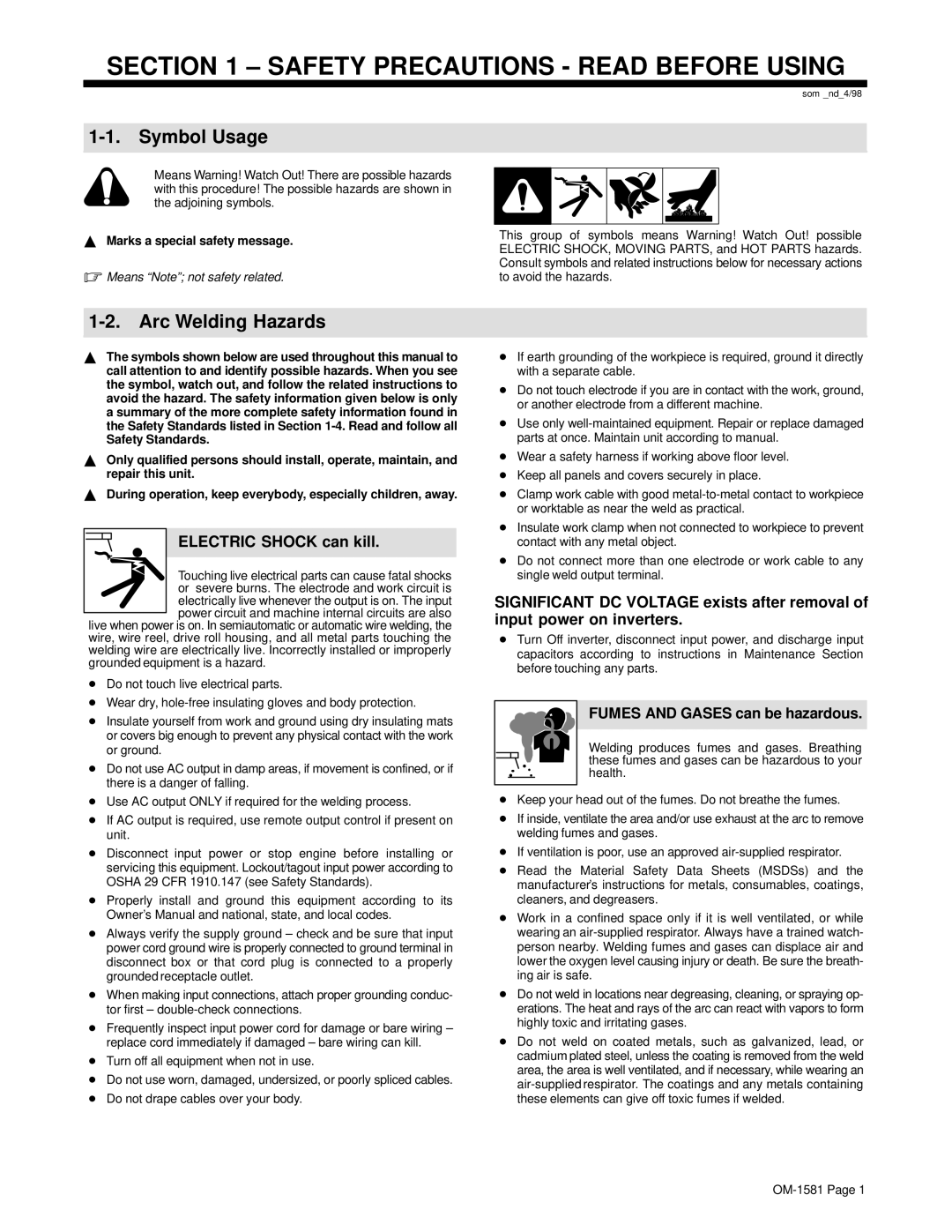 Hobart OM-1581 manual Symbol Usage, Arc Welding Hazards, Electric Shock can kill, Fumes and Gases can be hazardous 