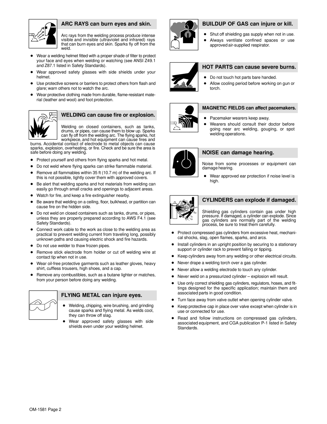 Hobart OM-1581 manual ARC Rays can burn eyes and skin, Welding can cause fire or explosion, Flying Metal can injure eyes 