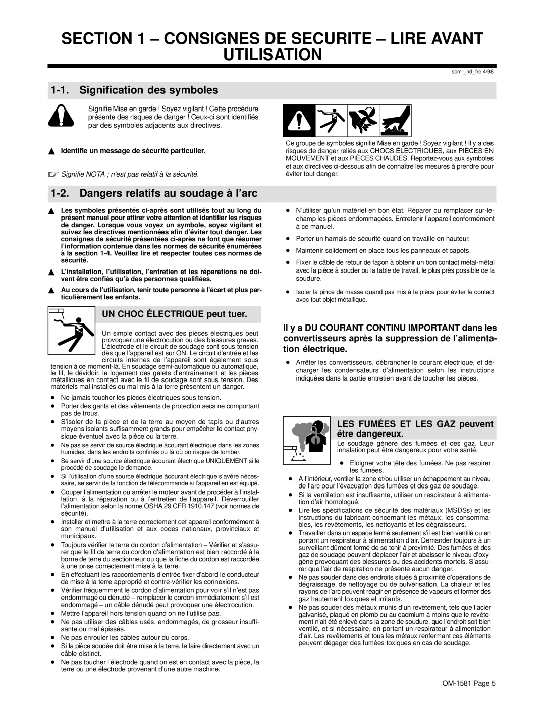 Hobart OM-1581 Consignes DE Securite Lire Avant Utilisation, Signification des symboles, UN Choc É Lectrique peut tuer 