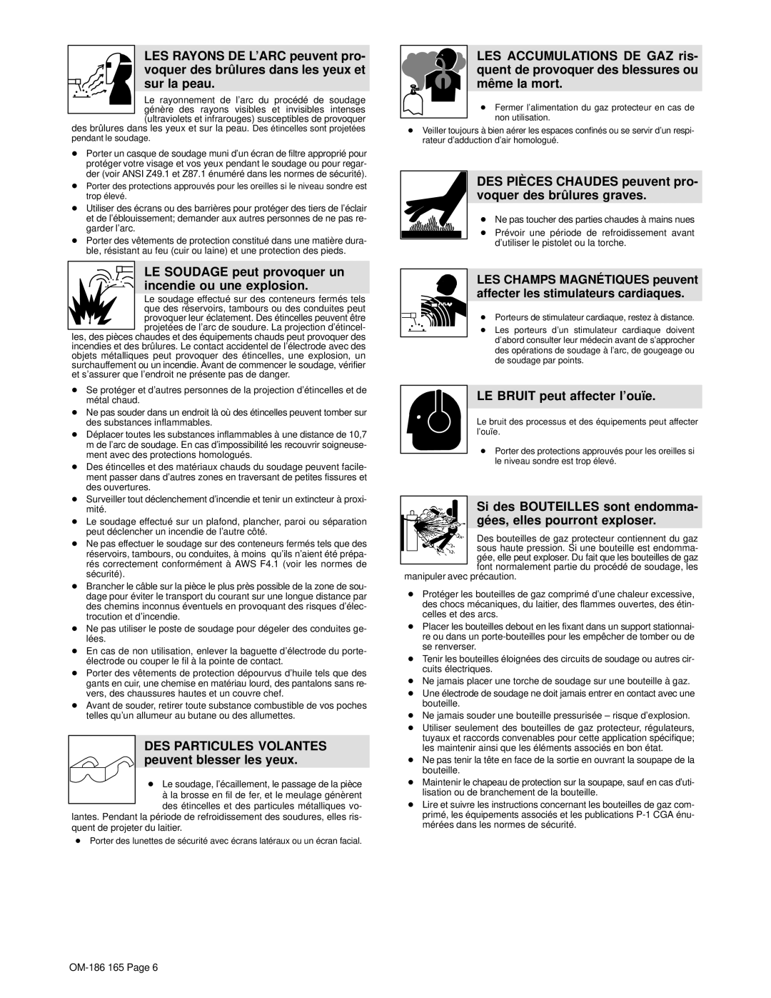 Hobart OM-186 165C manual LE Soudage peut provoquer un incendie ou une explosion, LE Bruit peut affecter l’ouïe 