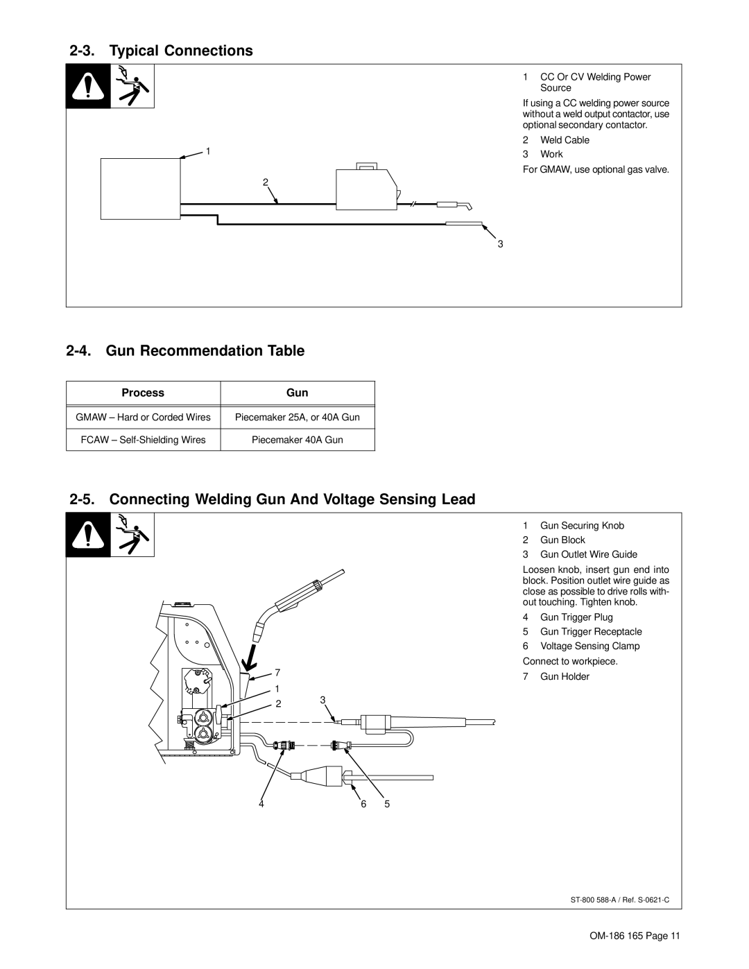 Hobart OM-186 165C manual Typical Connections, Gun Recommendation Table, Connecting Welding Gun And Voltage Sensing Lead 