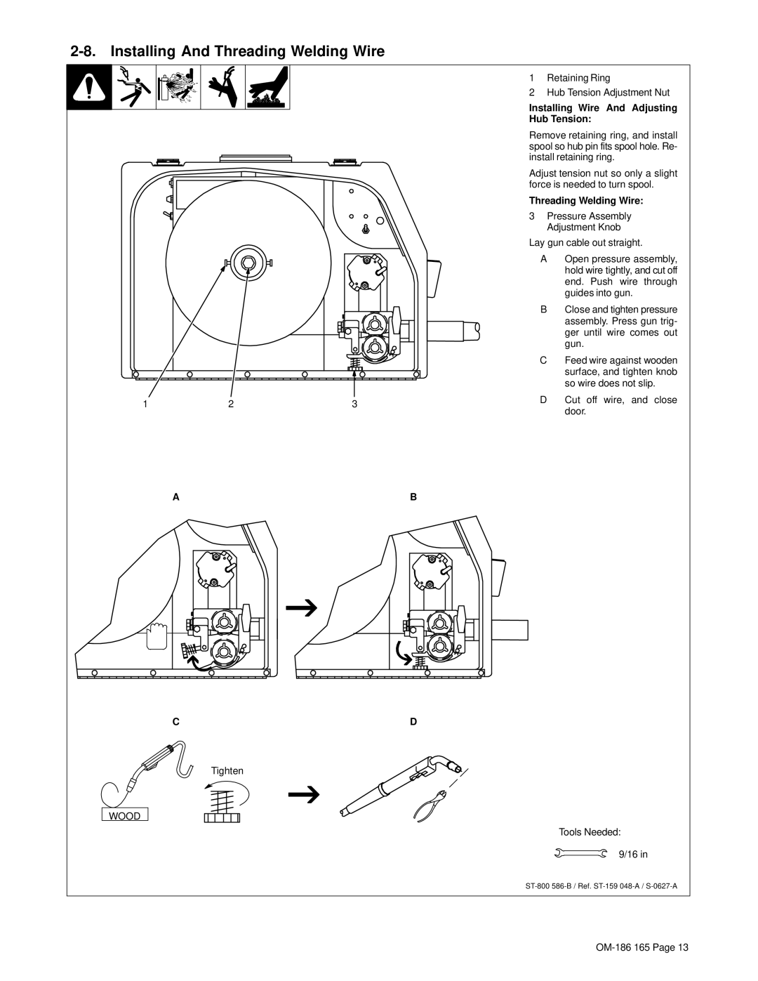 Hobart OM-186 165C manual Installing And Threading Welding Wire, Installing Wire And Adjusting Hub Tension 