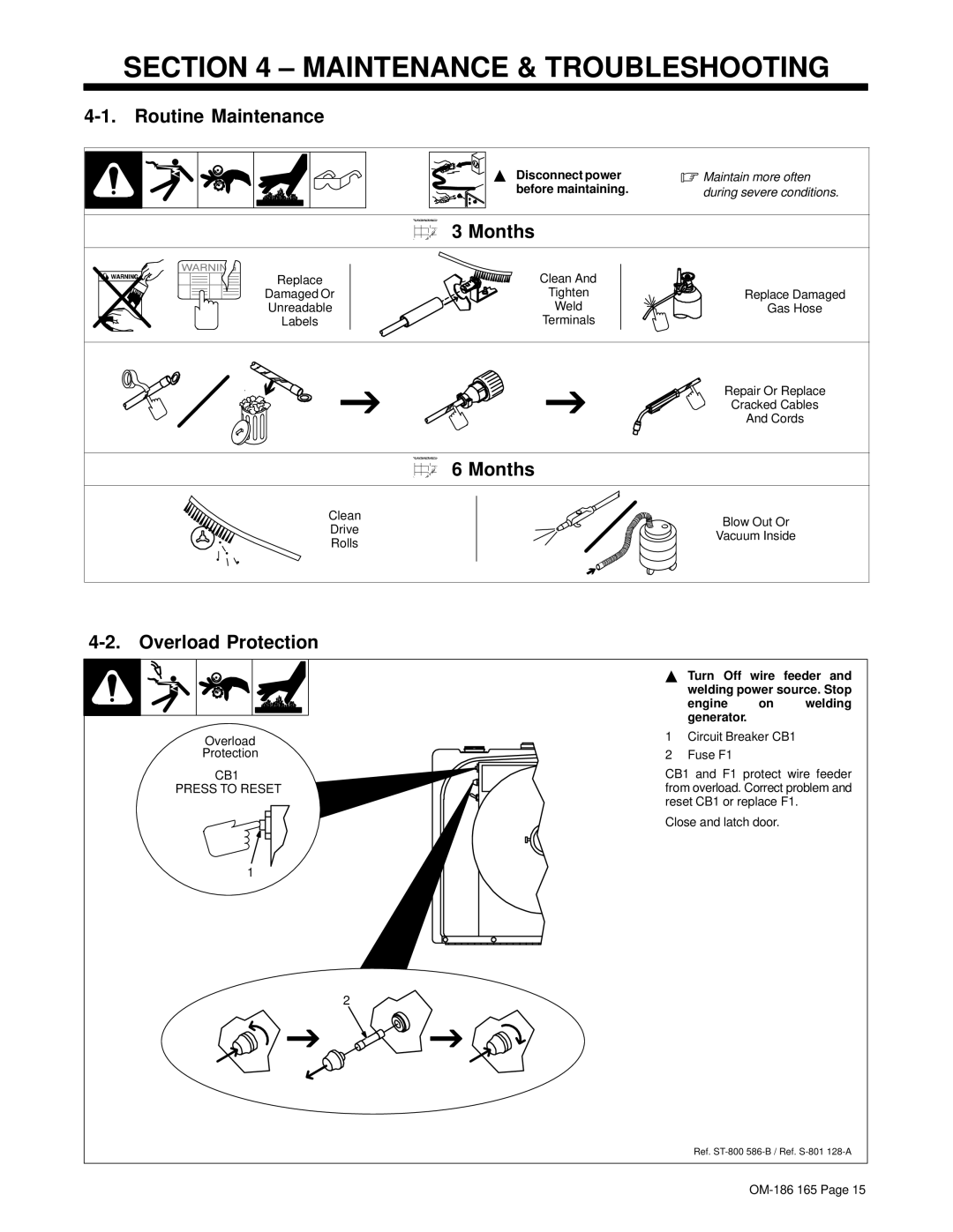 Hobart OM-186 165C manual Maintenance & Troubleshooting, Routine Maintenance, Months, Overload Protection 