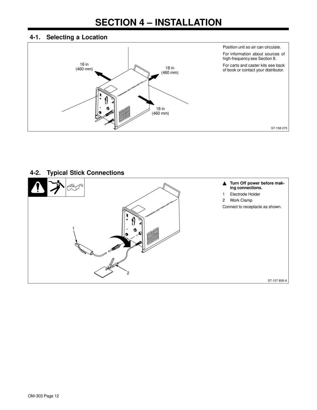 Hobart OM-303 Installation, Selecting a Location, Typical Stick Connections, Turn Off power before mak- ing connections 