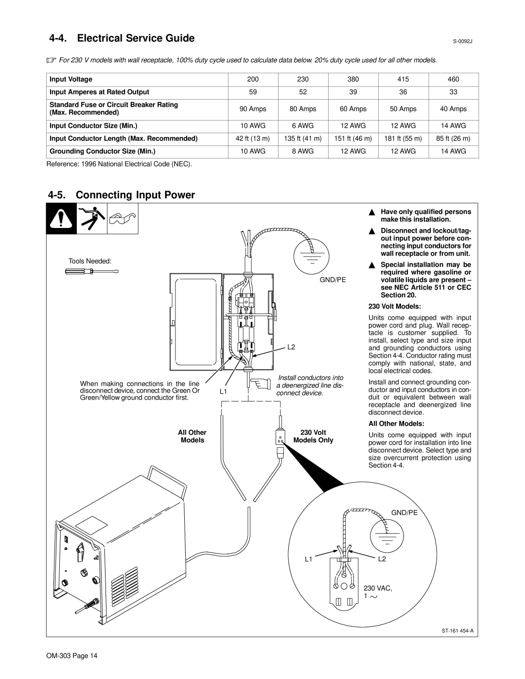 Hobart OM-303 manual Electrical Service Guide, Connecting Input Power 