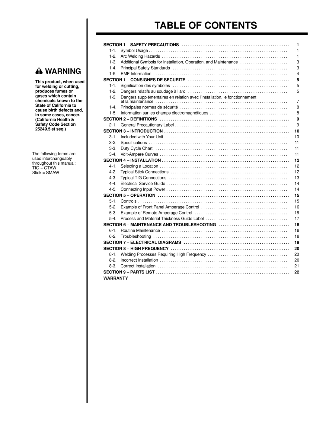 Hobart OM-303 manual Table of Contents 