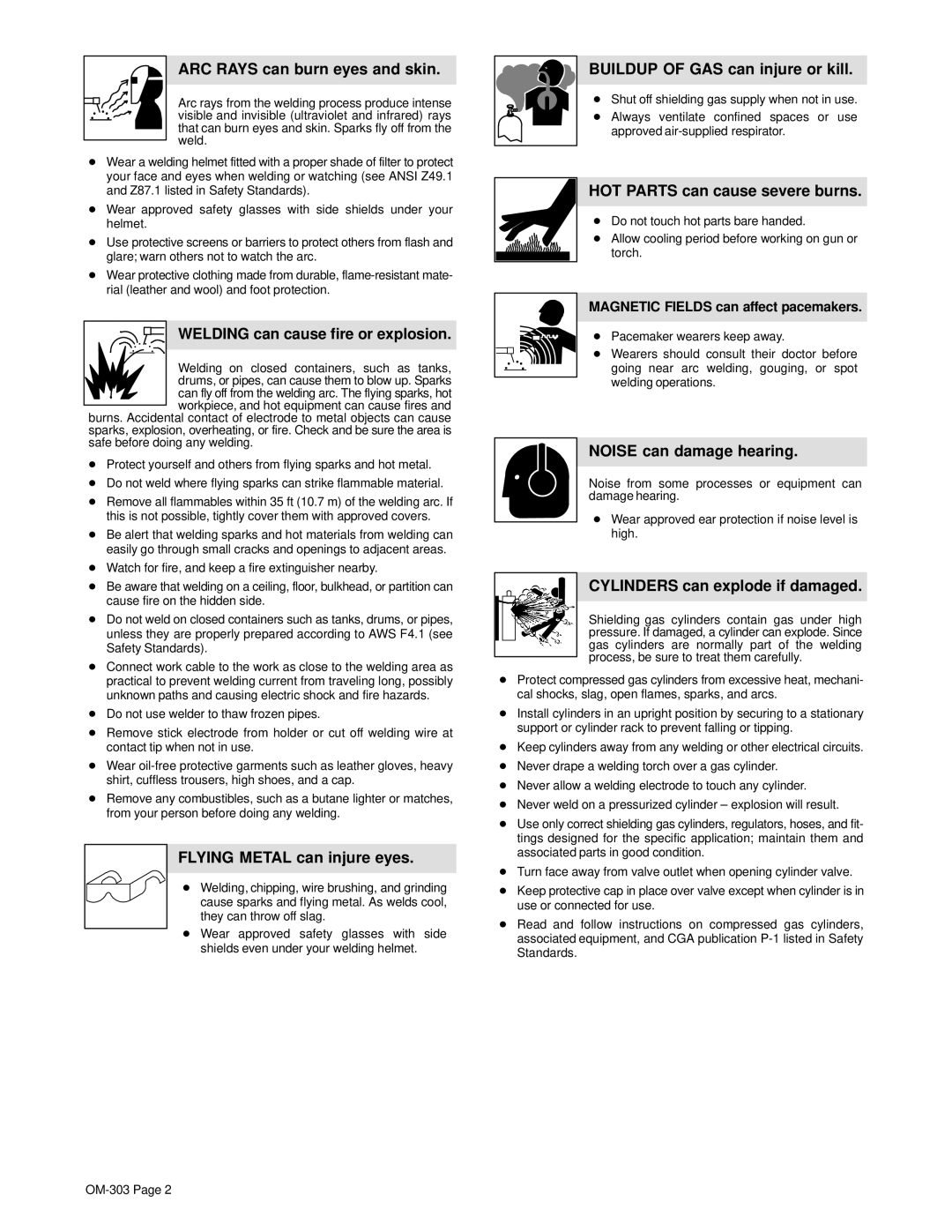 Hobart OM-303 manual ARC Rays can burn eyes and skin, Welding can cause fire or explosion, Flying Metal can injure eyes 