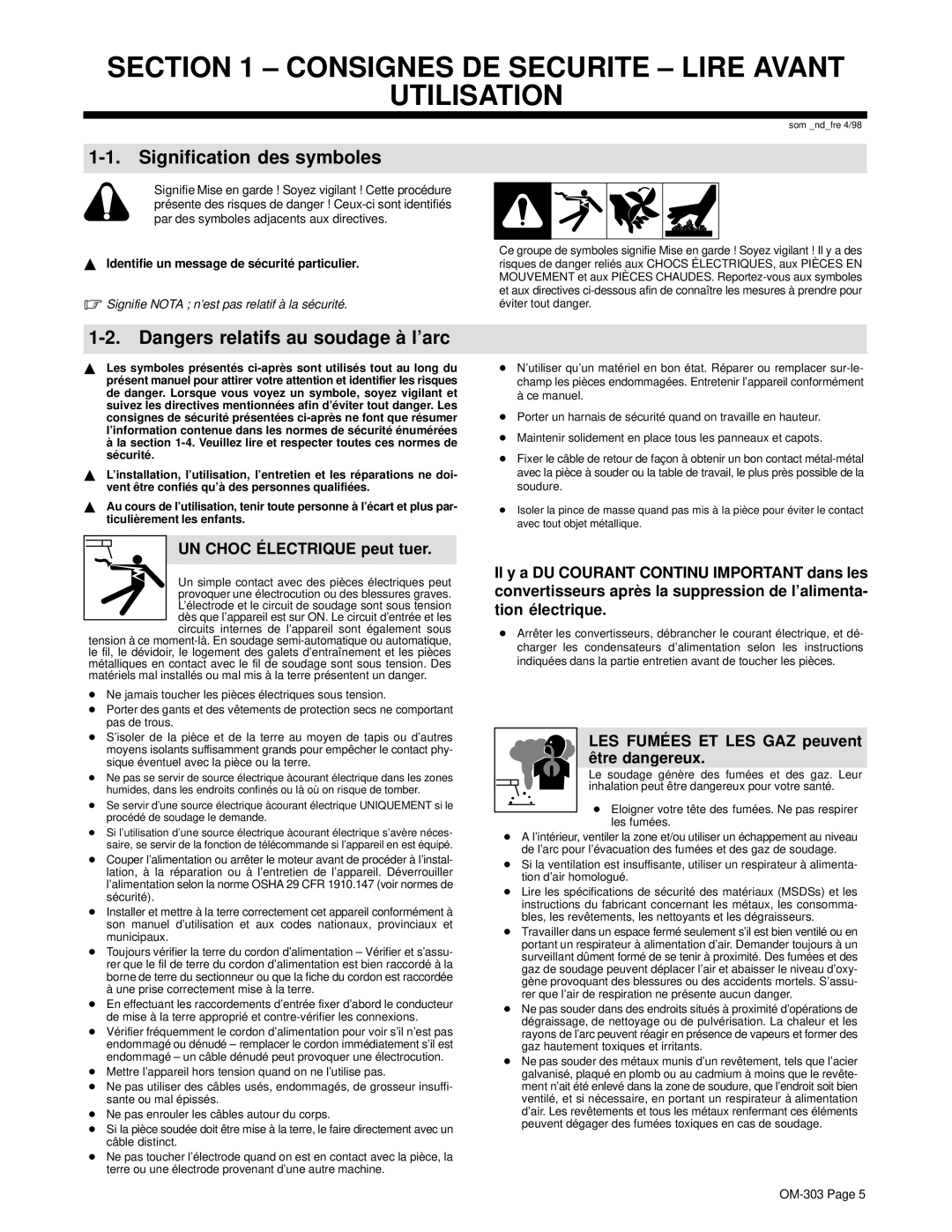 Hobart OM-303 Consignes DE Securite Lire Avant Utilisation, Signification des symboles, UN Choc É Lectrique peut tuer 