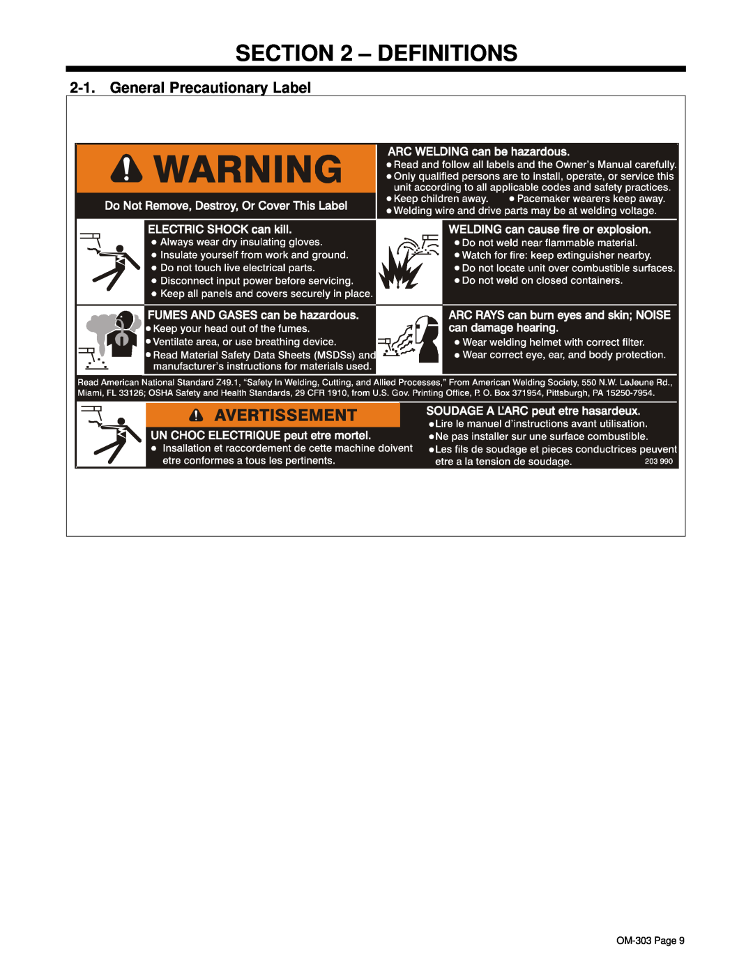 Hobart OM-303 manual Definitions, General Precautionary Label 