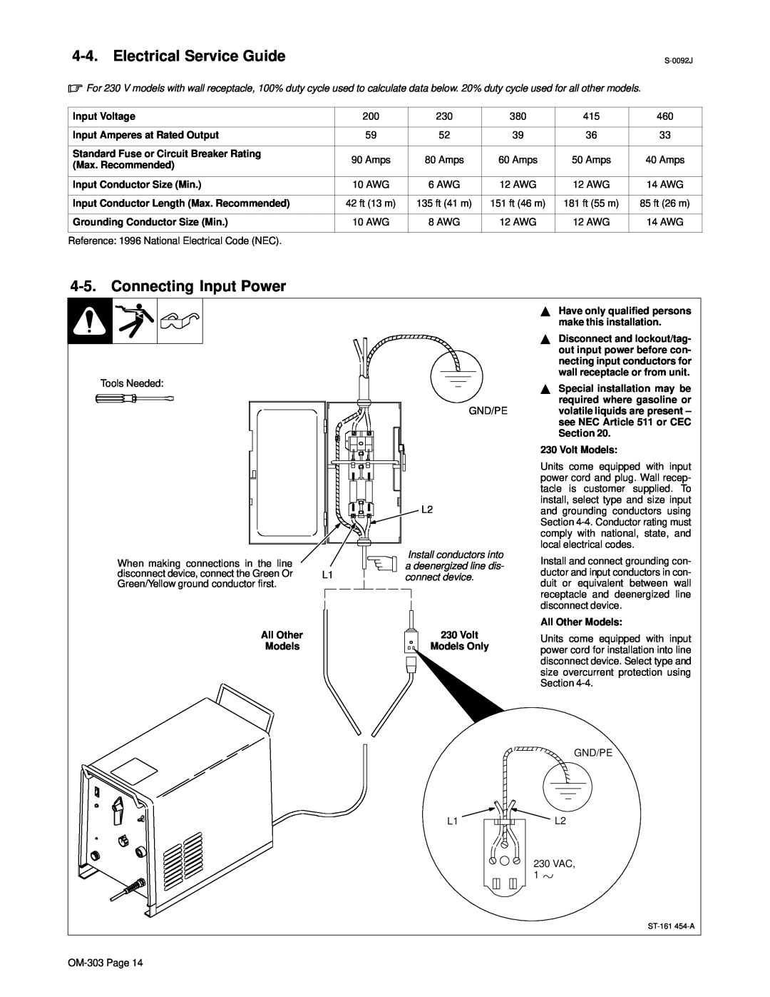 Hobart OM-303 manual Electrical Service Guide, Connecting Input Power 