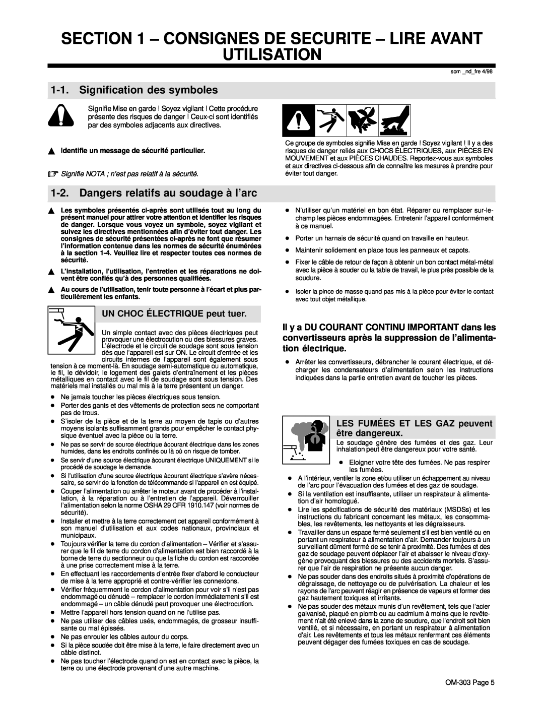 Hobart OM-303 Consignes De Securite - Lire Avant Utilisation, Signification des symboles, UN CHOC É LECTRIQUE peut tuer 