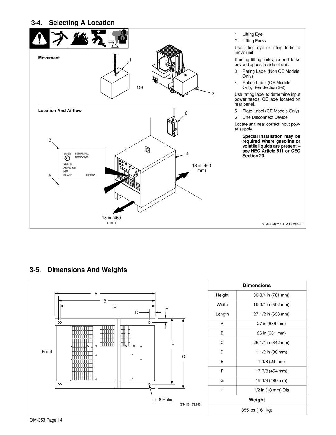 Hobart OM-353 manual Selecting a Location, Dimensions And Weights, Movement Location And Airflow 