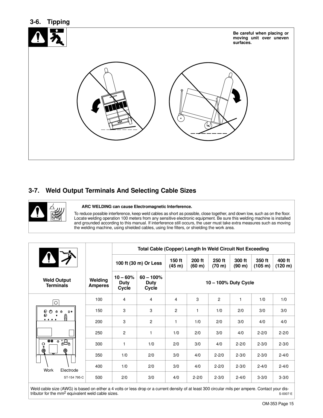 Hobart OM-353 Tipping, Weld Output Terminals And Selecting Cable Sizes, ARC Welding can cause Electromagnetic Interference 